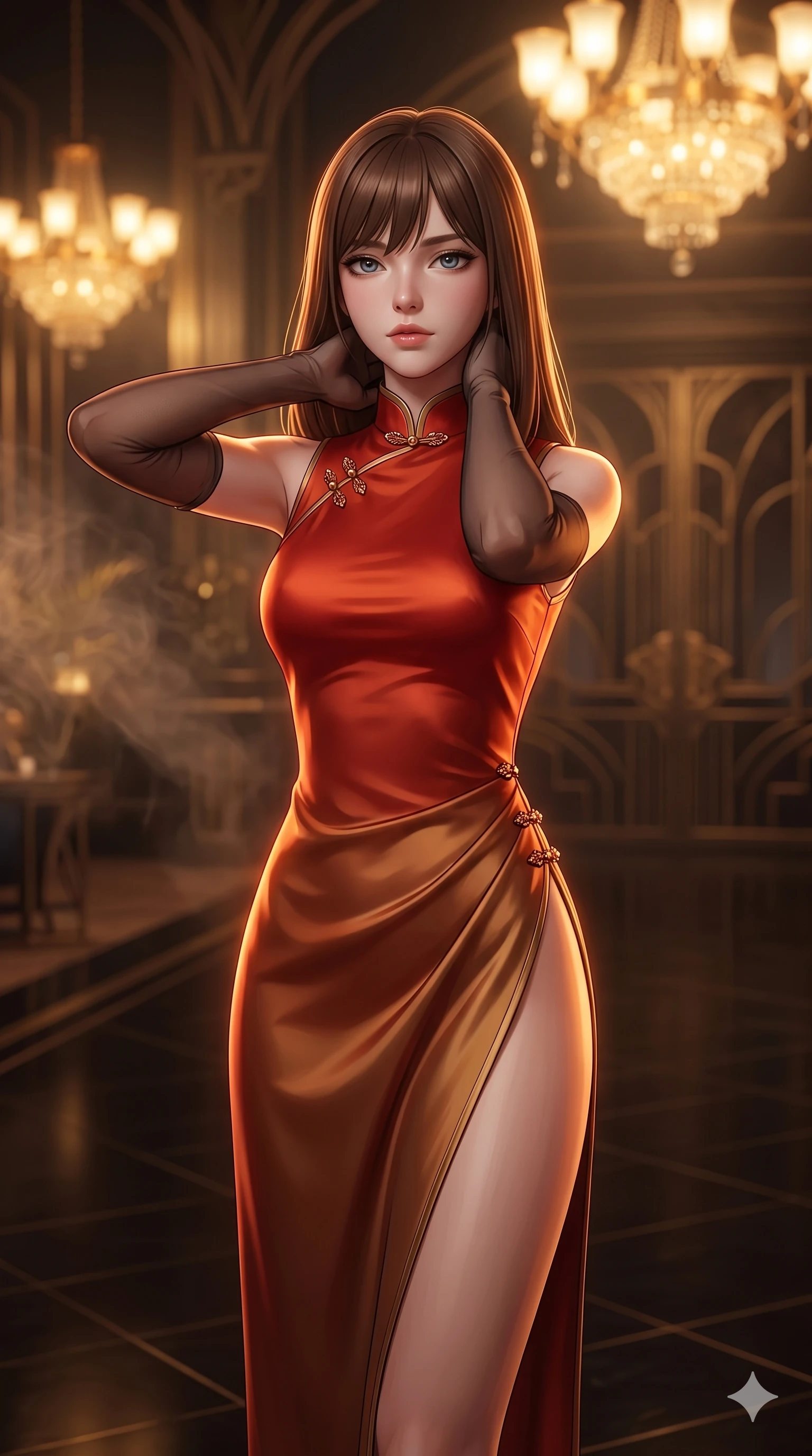 score_9, masterpiece, best quality, ultra-detailed, high-budget anime keyframe, semi-realistic 3D game render, editorial fashion photography, tasteful artistic composition, Korean woman. close-up cowboy shot from the waist and thighs up, the character dominates the composition, filling the frame with her large presence. resting both hands lightly behind her neck with elbows raised, arching her spine to highlight her narrow waist, flat midriff, and breathtaking collarbones while twisting her slender torso in an alluring contrapposto stance, intricate brass shadow patterns and golden chandeliers tracing her narrow waist and curvy hips. The background shows a soft-focus sandalwood incense haze softened in Art Deco grand salon shallow focus. She has an exceptionally elegant, slender, and willowy female figure with an ultra-slim waist, flat toned midriff, narrow ribcage, and sculpted feminine hips creating an alluring, slim hourglass silhouette without bulk. sharp v-shaped jawline, high-bridge nose, intricate jewel-like sparkling eyes with depth, thick eyelashes, glossy parted lips with a natural sheen, intensely captivating and seductive bedroom-eyes expression, exuding both youthful cute charm and sovereign luxury allure, flawlessly proportioned anatomical accuracy, strict slender model proportions, natural body alignment, perfectly sculpted long slender limbs, ultra-slim waistline, clean dynamic posture without body distortion. wearing an alluring high-slit wrap cheongsam secured by miniature jeweled clasps and revealing the curve of her hip in imperial vermilion silk and warm bronze, tailored from heavy double-faced silk georgette with an exceptionally fluid drape, complemented by sheer opera-length evening gloves tracing her slender arms, the impeccably tailored cut draping gracefully along her slender figure with aristocratic poise. illuminated by black lacquer floor reflections and sharp gold-amber rim lights sculpting her razor-sharp jawline, narrow waist, and curvy hips. highly saturated vibrant anime colors, detailed shading with soft gradients, rich glossy textures, high-contrast stereoscopic depth, volumetric dynamic lighting, master piece, 9:16 ratio