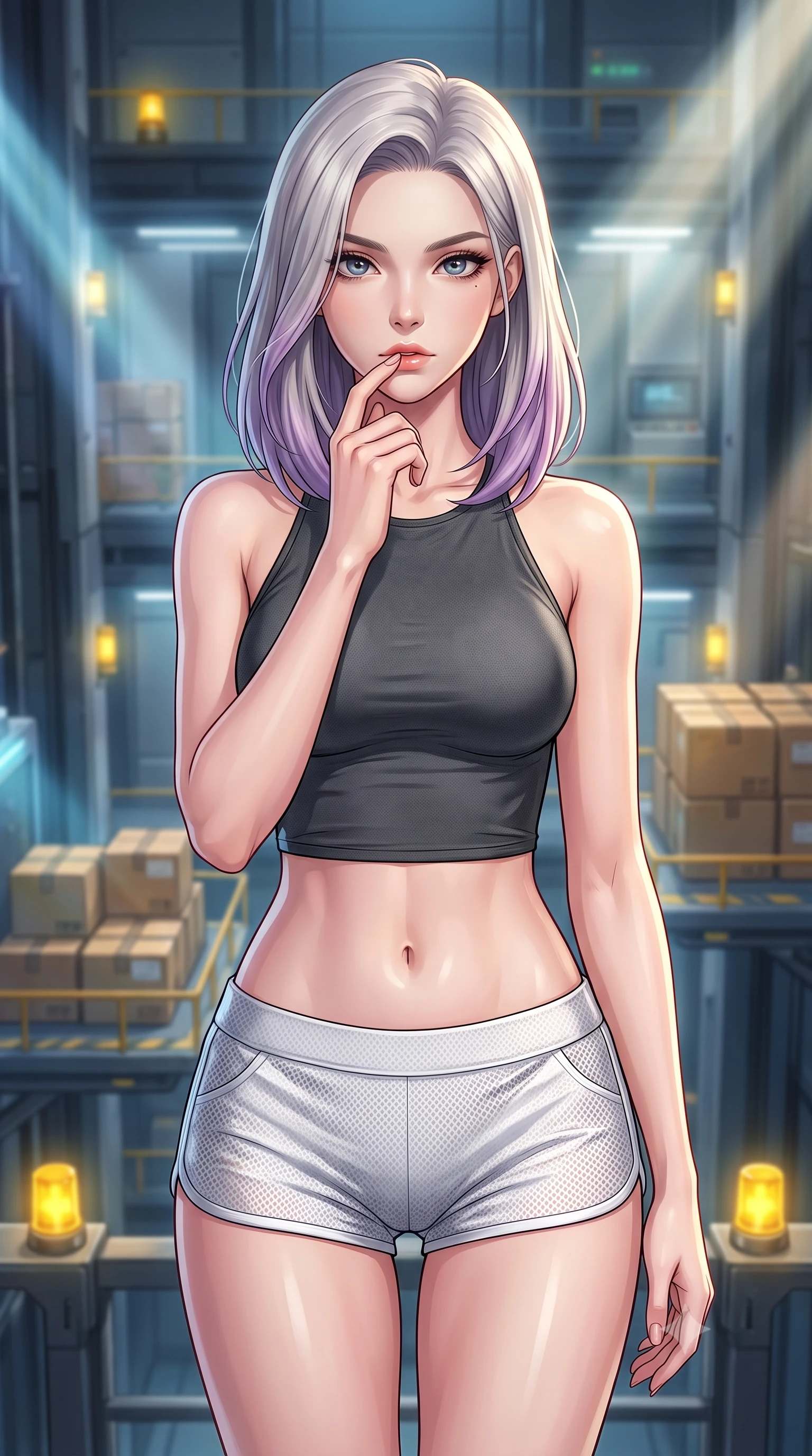 score_9, masterpiece, best quality, ultra-detailed, high-budget anime keyframe, editorial fashion photography, tasteful artistic composition, Caucasian woman. close-up cowboy shot from the waist and thighs up, the character dominates the composition, filling the frame with her large presence, background elements kept in soft focus. pressing one finger to her bottom lip in a thoughtful, composed gesture, locking eyes with the viewer, the background shows a soft-focus a quantum core elevator platform with yellow beacons transporting cargo boxes. She has an exceptionally elegant, slender, and willowy female figure with an ultra-slim waist, a gracefully sculpted slender torso, and a refined silhouette. sharp v-shaped jawline, high-bridge nose, intricate jewel-like eyes with depth, thick eyelashes, glossy lips with a natural sheen. wearing a form-contouring backless combat halter top in charcoal grey, paired with white carbon-mesh micro-shorts. dynamic moving light beams from passing elevator shaft signal lamps. highly saturated vibrant anime colors, detailed shading with soft gradients, rich glossy textures, high-contrast stereoscopic depth, volumetric dynamic lighting, master piece, 9:16 ratio