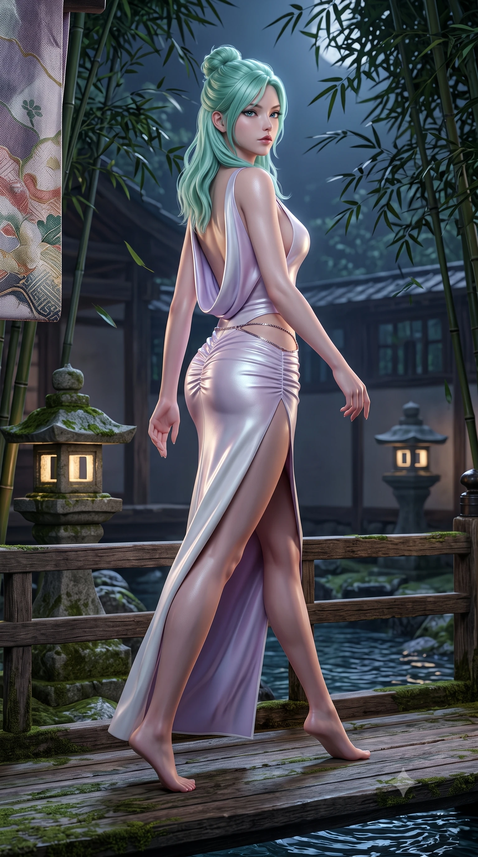 score_9, masterpiece, best quality, ultra-detailed, high-budget anime keyframe, semi-realistic 3D game render, editorial fashion photography, tasteful artistic composition, Japanese woman. low angle full-body shot from head to toe showing her feet, filling the entire 9:16 vertical frame with her statuesque presence, stretching her vertical silhouette. striding forward in a proud supermodel runway stride, hips swaying in an alluring kinetic rhythm that accentuates her curvy hourglass silhouette while standing poised on the wooden bridge terrace, twisting her upper body in an alluring S-curve as night wind rustles through the bamboo canopy. The surrounding environment is rendered in vivid detail and crisp panoramic clarity. detailed silk kimono weave, stone lantern moss textures, and river water ripples in high resolution. She has an absolutely perfect, statuesque 8.5-heads proportion, an exceptionally tall and slender model-like female figure with impossibly long slender legs, a toned flat midriff, an ultra-slim waist, and beautifully sculpted feminine hips. sharp v-shaped jawline, high-bridge nose, intricate jewel-like eyes with depth, thick eyelashes, glossy parted lips with a natural sheen, intensely captivating and seductive bedroom-eyes expression, flawlessly proportioned anatomical accuracy, strict slender model proportions, natural body alignment, perfectly sculpted long slender limbs, ultra-slim waistline, clean dynamic posture without body distortion. wearing a form-contouring liquid satin slip dress with a deep cowl back and hip-defining ruching in ethereal lilac mist and pearlescent white, crafted from supple second-skin lambskin leather with specular wet sheen, complemented by a delicate metallic hip chain catching the pool caustics, the form-contouring material adhering flawlessly to her sculpted flat midriff and slender torso, emphasizing her long leg lines and perfectly proportioned willowy build. illuminated by wet specular highlights accentuating her slender neckline, sculpted waist, and rounded hips. highly saturated vibrant anime colors, detailed shading with soft gradients, rich glossy textures, high-contrast stereoscopic depth, volumetric dynamic lighting, master piece, 9:16 ratio