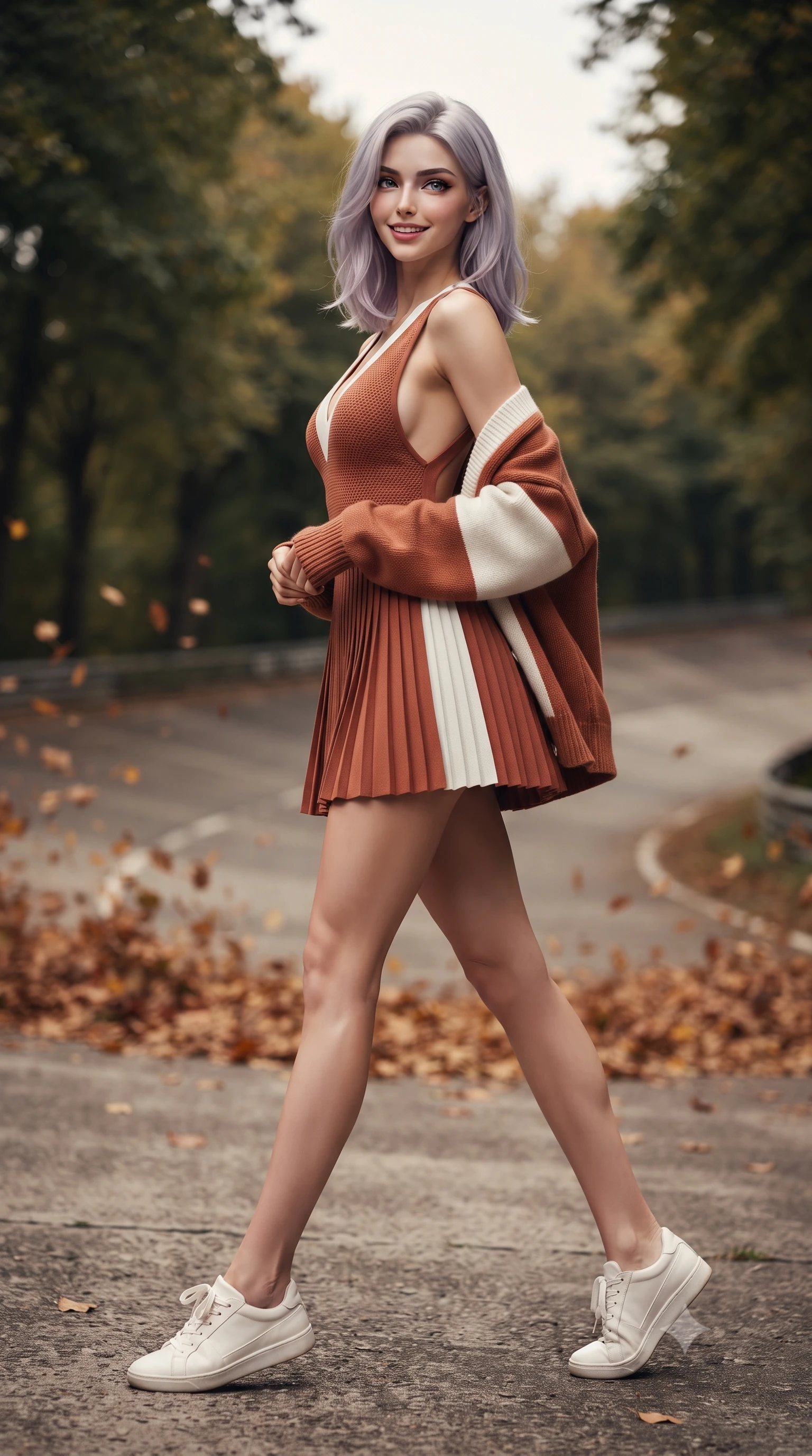 score_9, masterpiece, best quality, ultra-detailed, high-budget anime keyframe, editorial fashion photography, tasteful artistic composition, Caucasian woman. low angle full-body shot from head to toe showing her feet, filling the entire 9:16 vertical frame with her statuesque presence, stretching her vertical silhouette. stepping forward gracefully across the paddock tarmac in mid-motion with a radiant beaming smile, hips swaying in an alluring kinetic rhythm that accentuates her curvy hourglass silhouette and long slender legs while twisting her slender torso in an alluring S-curve on the dramatic incline, ancient park trees and autumn leaves framing her hourglass curves. The background shows a soft-focus swirling autumn leaves on the abandoned oval track softened in romantic vintage motorsport shallow focus. She has an absolutely perfect, statuesque 8.5-heads proportion, an exceptionally tall and slender model-like female figure with impossibly long slender legs, an ultra-slim waist, a flat toned midriff, narrow delicate ribcage, and beautifully sculpted feminine hips creating a graceful, slim hourglass silhouette without any bulky heaviness. sharp v-shaped jawline, high-bridge nose, sparkling eyes with athletic focus and depth, thick curled eyelashes, glossy parted lips with a natural coral-peach sheen, bright confident and coquettish smile with alluring bedroom-eyes, exuding both youthful sporty vigor and sovereign high-society glamour, flawlessly proportioned anatomical accuracy, strict slender model proportions, natural body alignment, perfectly sculpted long slender limbs, ultra-slim waistline, clean dynamic posture without body distortion. wearing a deep V-neck knit tennis dress with an open-back scoop and knife-pleated skirt tracing her narrow waist and hips in classic clay-court terracotta and cloud white, woven from semi-opaque performance athletic mesh with hexagonal micro-perforations, complemented by an oversized cashmere knit cardigan slipping off one bare shoulder, the glove-like aerodynamic silhouette tightly following the natural contour of her hips and long slender legs with youthful 8.5-heads elegance. illuminated by concrete banking bounce and sharp golden rim lights sculpting her razor-sharp jawline, narrow waist, and curvy hips. ultra-reflective glossy finish, specular highlights, rich textural contrasts, high-contrast stereoscopic depth, volumetric dynamic lighting, 2k, ultra detail, master piece, 9:16 ratio