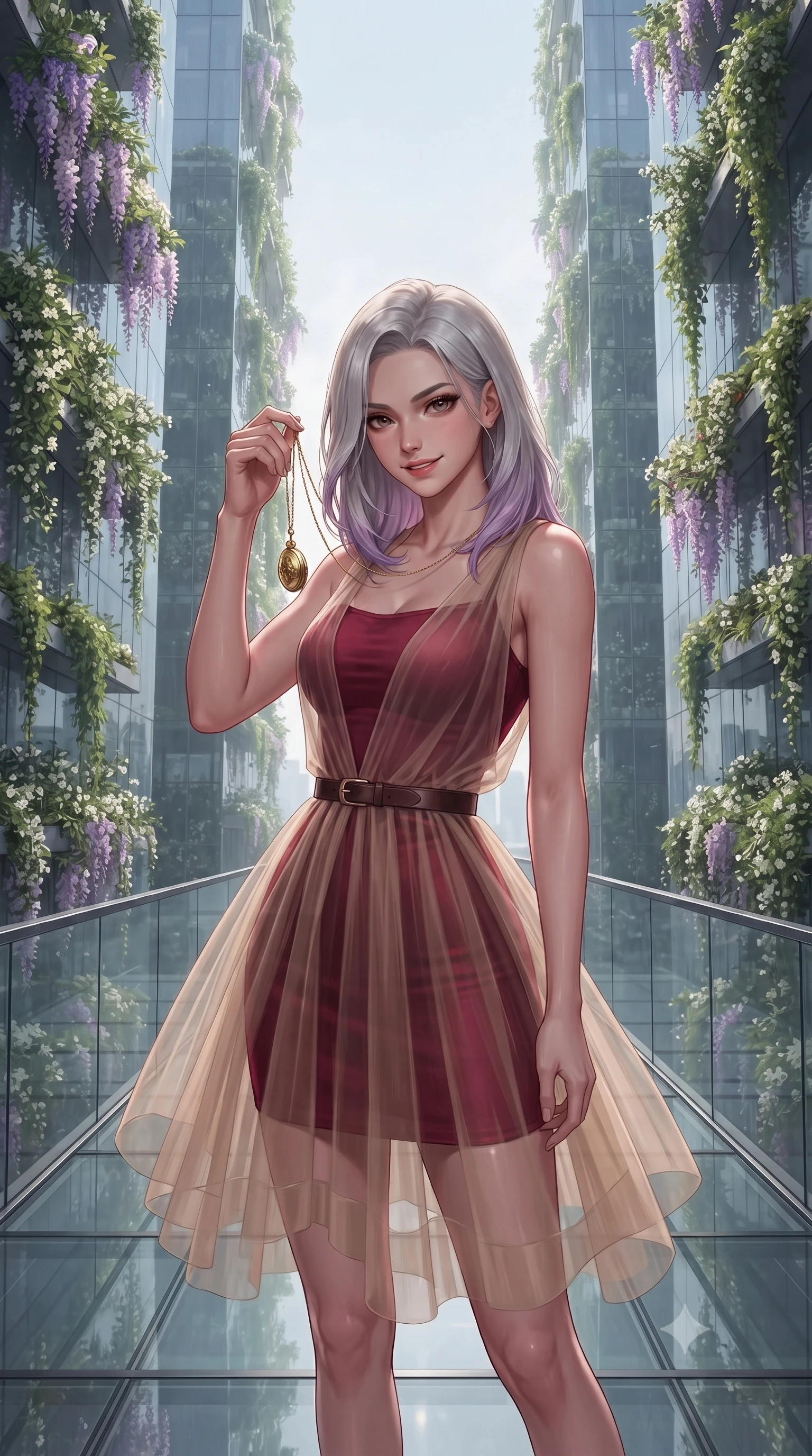 score_9, masterpiece, best quality, ultra-detailed, high-budget anime keyframe, editorial fashion photography, tasteful artistic composition, Caucasian woman, strictly human ears. close-up cowboy shot from the waist and thighs up, the character dominates the composition, filling the frame with her large presence, background elements kept in soft focus. Holding a delicate object up near her face while gazing at the viewer with a knowing smile. set against a soft-focus background of an elevated glass walkway between two mirror-clad skyscrapers completely covered in cascading vertical gardens with flowering wisteria jasmine and trailing ivy framing the sky corridor. She has an exceptionally elegant and slender, willowy female figure with an ultra-slim waist, a gracefully sculpted slender torso, and a refined slim physique. sharp v-shaped jawline, high-bridge nose, intricate jewel-like eyes with depth, thick eyelashes, glossy lips with a natural sheen. wearing a transparent overlay skirt in beige tulle over a fitted matching mini dress, styled with a leather belt. deep crimson theatrical lighting with sharp specular highlights on every curve. 2k, ultra detail, master piece, 9:16 ratio