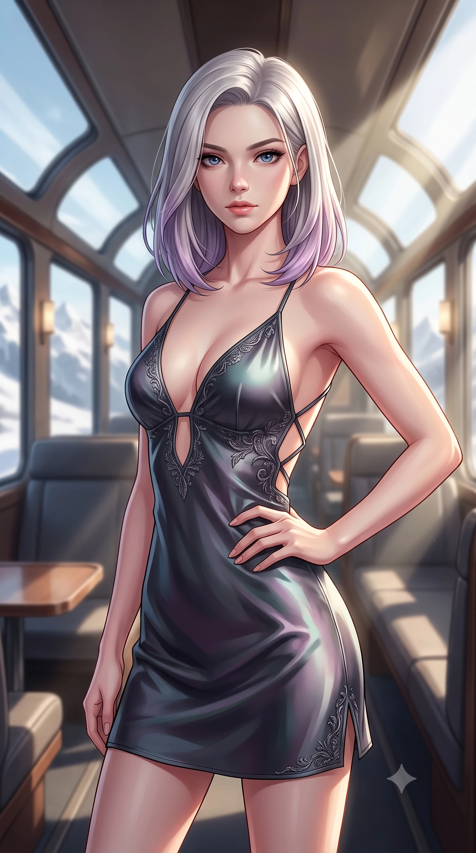 score_9, masterpiece, best quality, ultra-detailed, high-budget anime keyframe, editorial fashion photography, tasteful artistic composition, Caucasian woman woman. close-up cowboy shot from the waist and thighs up, the character dominates the composition, filling the frame with her large presence, background elements kept in soft focus. She has an exceptionally elegant, slender, and willowy female figure with an ultra-slim waist, a gracefully sculpted slender torso, and a refined silhouette. holding a confident power pose with one hand on her hip, looking directly into the camera with quiet self-assurance, flawlessly proportioned anatomical accuracy, natural body alignment, perfectly sculpted elegant limbs, clean dynamic posture without body distortion. set against a soft-focus background of a winding luxury train lounge car showing snowy alpine peaks. wearing a plunging keyhole neck silk slip dress with an open-back design and cross-strap detailing. bathed in crisp alpine morning sunbeams slicing through panoramic window glass. highly saturated vibrant anime colors, detailed shading with soft gradients, rich glossy textures, high-contrast stereoscopic depth, volumetric dynamic lighting, master piece, 9:16 ratio
