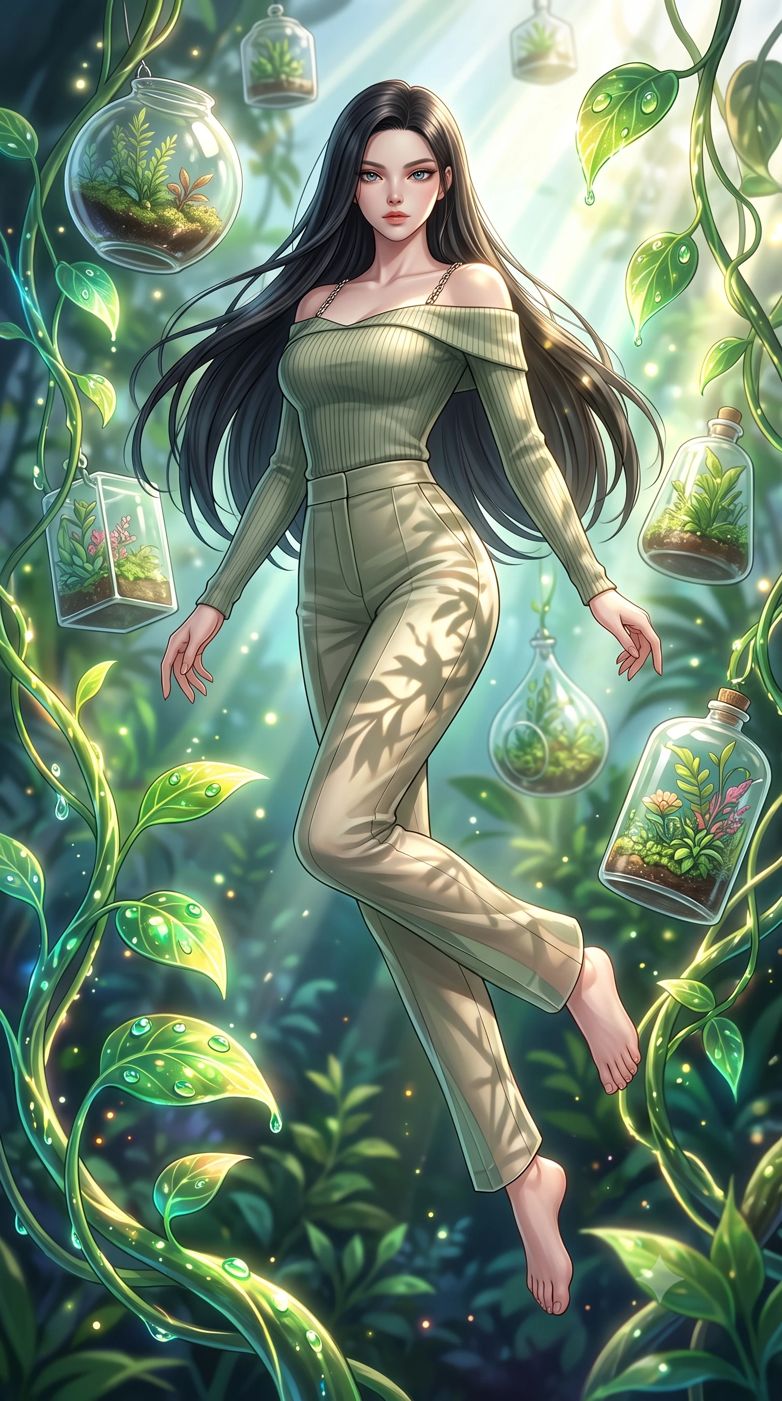 score_9, masterpiece, best quality, ultra-detailed, high-budget anime keyframe, editorial fashion photography, tasteful artistic composition, Korean woman. low angle full-body shot from head to toe showing her feet, filling the entire 9:16 vertical frame with her statuesque presence, stretching her vertical silhouette. leaping gracefully through the environment with statuesque elegance and long slender legs surrounded by floating glass terrariums and radiant biomorphic vines, dewdrops on bioluminescent leaves reflecting vibrant emerald and gold. She has an absolutely perfect, statuesque 8.5-heads proportion, an exceptionally tall and slender model-like female figure with impossibly long slender legs and an ultra-slim waist. sharp v-shaped jawline, high-bridge nose, intricate jewel-like eyes with depth, thick eyelashes, glossy lips with a natural sheen. wearing a sleek off-shoulder ribbed knit top paired with high-waist tailored pants in sage green and oatmeal, woven from fine semi-opaque sheer organza, adorned with delicate metallic chain straps along the neckline, the form-contouring material highlighting her ultra-slim waist and long lines. illuminated by brilliant sunbeams casting organic leaf stencil shadows. highly saturated vibrant anime colors, detailed shading with soft gradients, rich glossy textures, high-contrast stereoscopic depth, volumetric dynamic lighting, master piece, 9:16 ratio