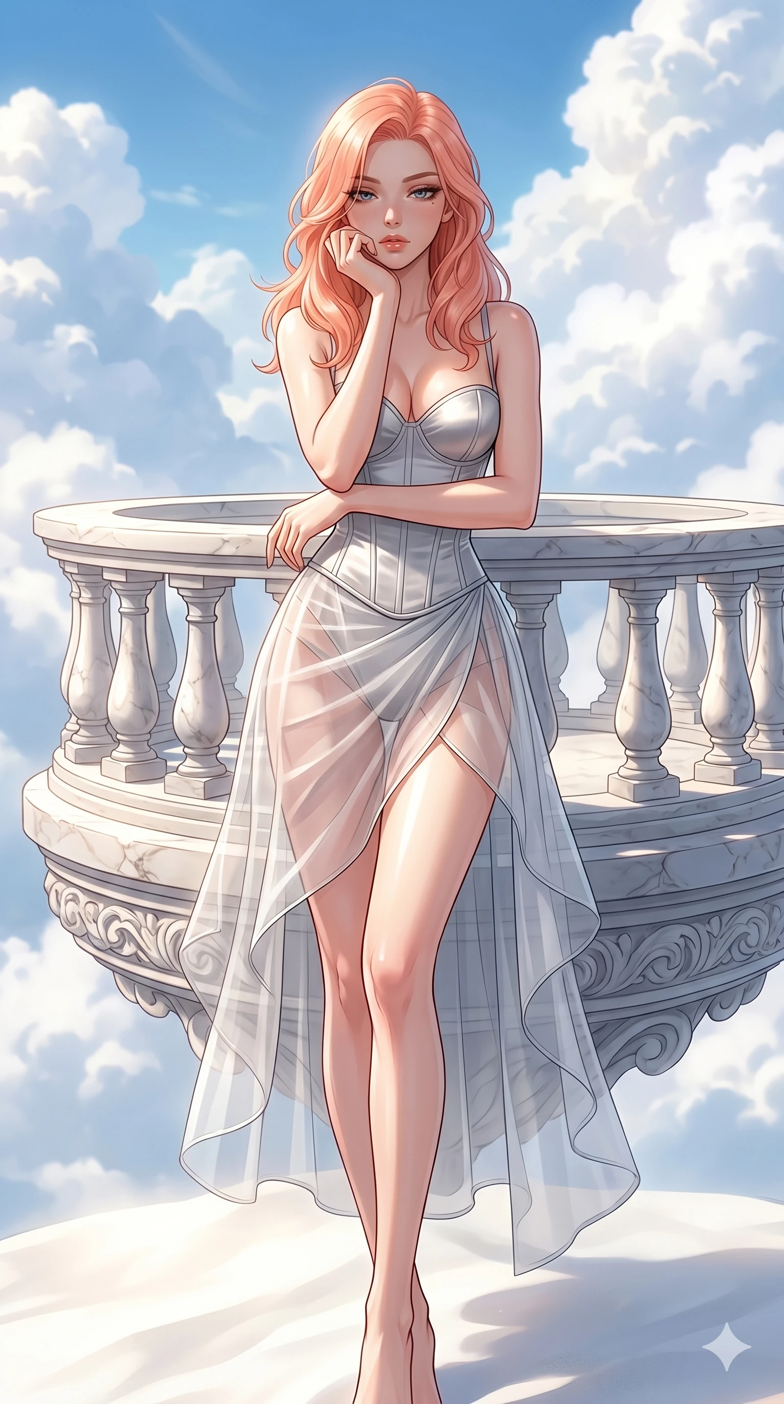 score_9, masterpiece, best quality, ultra-detailed, high-budget anime keyframe, editorial fashion photography, tasteful artistic composition, Japanese woman. cowboy shot from the thighs up, character and outfit filling the frame for maximum editorial presence. resting her chin on her fingers, casting a heavy-lidded sultry gaze beneath thick lashes on a floating marble balcony above a sunlit cloudscape of blue and white (Code-P19-200). She has an absolutely perfect 8-heads proportion, an exceptionally tall and slender female figure with impossibly long slender legs and an ultra-slim waist. V-shaped jawline, high-bridge nose, intricate jewel-like eyes with depth, thick eyelashes, glossy lips with a natural sheen. wearing a structured satin corset showing her cleavage paired with a transparent chiffon wrap skirt. illuminated by bright, direct sunlight reflecting off the white sand, creating a luminous glow. 2k, ultra detail, master piece, 9:16 ratio