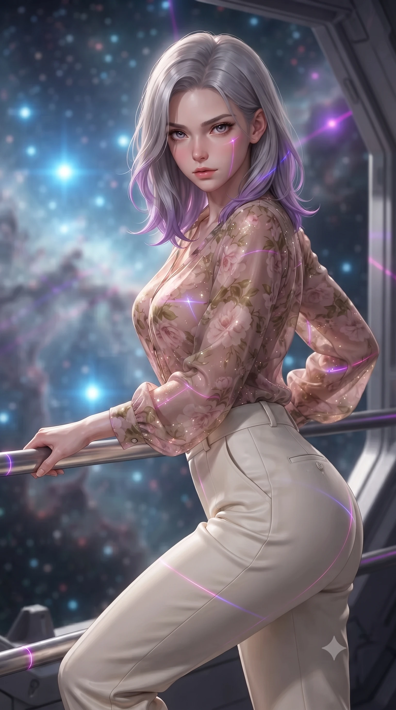 score_9, masterpiece, best quality, ultra-detailed, high-budget anime keyframe, editorial fashion photography, tasteful artistic composition, realistic cosplay photography, Caucasian woman, strictly human ears. close-up cowboy shot from the waist and thighs up, the character dominates the composition, filling the frame with her large presence, background elements kept in soft focus. Bracing against the hull decompression wind, her expression resolute and hand gripping a metal safety rail. set against a soft-focus background of inside a gas cloud where baby blue stars are forming like bright gems, casting ripples through the nebula dust. She has an exceptionally elegant and slender, willowy female figure with an ultra-slim waist, a gracefully sculpted slender torso, and a refined slim physique. sharp v-shaped jawline, high-bridge nose, intricate jewel-like eyes with depth, thick eyelashes, glossy lips with a natural sheen. wearing catching and diffusing the glowing particles, shimmering softly in response to the surrounding light, a form-contouring sheer floral-print chiffon blouse in soft pink and olive tones, paired with high-waisted cream trousers. laser lines of violet and hot pink reflecting off surfaces casting geometric neon highlights. ultra-reflective glossy finish, specular highlights, metallic sheen, high-contrast stereoscopic depth, volumetric dynamic lighting, 2k, ultra detail, master piece, 9:16 ratio