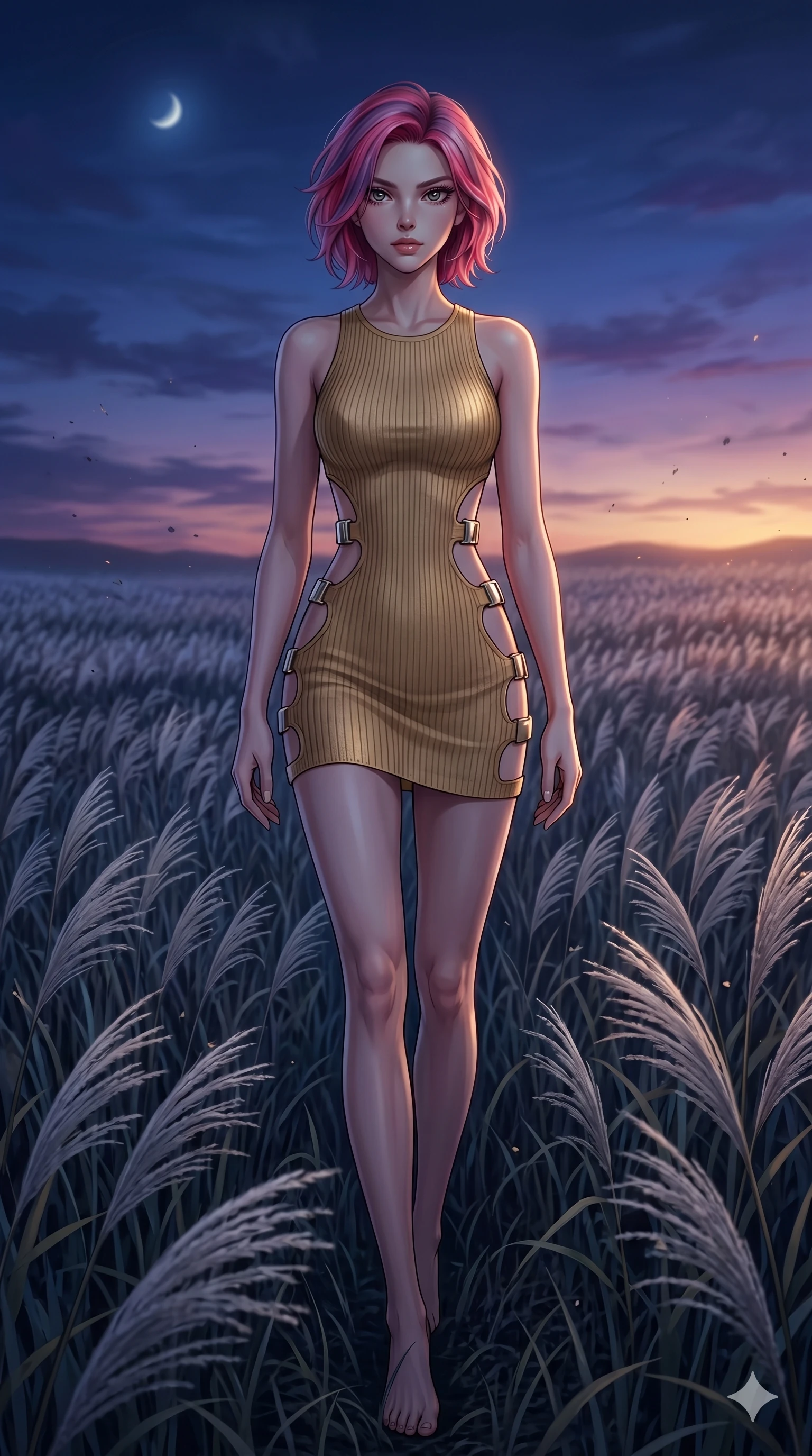 score_9, masterpiece, best quality, ultra-detailed, High-budget Anime Keyframe, East Asian woman. Dynamic full-body shot stretching the vertical silhouette to the limit. Scenario 218: Walking through a field of tall silver grass at twilight. Her presence is magnetic and overpowering in this high-budget anime scene. Outfit 218: A ribbed bodycon knit gold with a strategic side cut-outs and metallic buckles. The clothing is designed to emphasize her exceptionally tall and slender 8-heads proportion. 8-heads proportion, towering silhouette, ultra-slim waist. sharp v-shaped jawline, intricate jewel-like eyes with depth, thick eyelashes, glossy lips. 2k, ultra detail, master piece, 9:16 ratio
