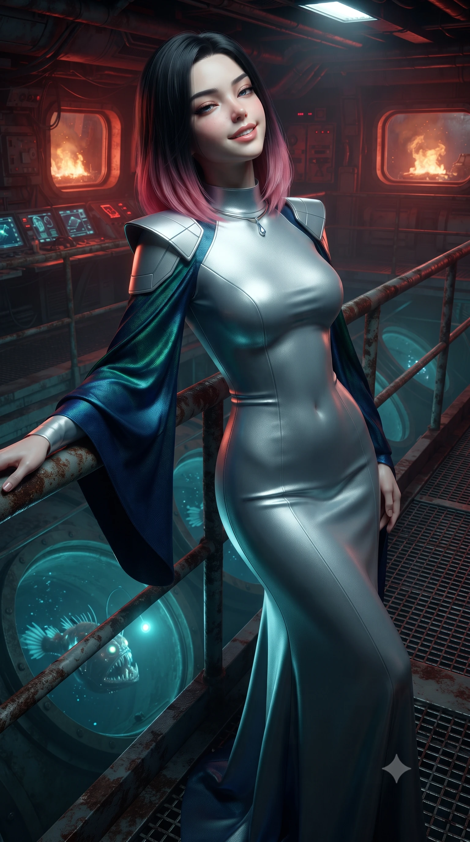 score_9, masterpiece, best quality, ultra-detailed, high-budget anime keyframe, editorial fashion photography, tasteful artistic composition, Korean woman. close-up cowboy shot from the waist and thighs up, the character dominates the composition, filling the frame with her large presence. leaning back against the balustrade with relaxed seductive grace, head tilted back slightly while casting a hypnotic, heavy-lidded gaze while standing poised on the grated steel catwalk above flooded torpedo launch tubes, arching her spine with mysterious siren elegance as deep-sea anglerfish glow through the thick glass. The surrounding environment is rendered in vivid detail and crisp panoramic clarity: detailed tactical wetsuit texture, liquid latex sheen, and military naval submarine craft in razor-sharp precision. She has an exceptionally elegant, slender, and willowy female figure with an ultra-slim waist, flat toned midriff, narrow ribcage, and sculpted feminine hips creating an alluring, slim hourglass silhouette without bulk. sharp v-shaped jawline, high-bridge nose, intricate jewel-like sparkling eyes with depth, thick eyelashes, glossy parted lips with a natural peach sheen, bright cheerful beaming smile with an enchanting and coquettish sensual glint, exuding both youthful cute charm and seductive allure, flawlessly proportioned anatomical accuracy, strict slender model proportions, natural body alignment, perfectly sculpted long slender limbs, ultra-slim waistline, clean dynamic posture without body distortion. wearing an elegant high-neck diplomatic sci-fi gown made of bioluminescent silver silk with structured geometric shoulder plates and long flowing sleeves in bioluminescent emerald and abyssal sapphire, woven from structured carbon-fiber jacquard with rich textural depth, finished with a minimalist chrome choker and a single teardrop diamond pendant, the bespoke structured tailoring following the natural line of her 8.5-heads silhouette with refined elegance. bathed in moody 660nm deep red tactical battle stations lighting mixed with golden geothermal exterior fires. ultra-reflective glossy finish, specular highlights, rich textural contrasts, high-contrast stereoscopic depth, volumetric dynamic lighting, 2k, ultra detail, master piece, 9:16 ratio
