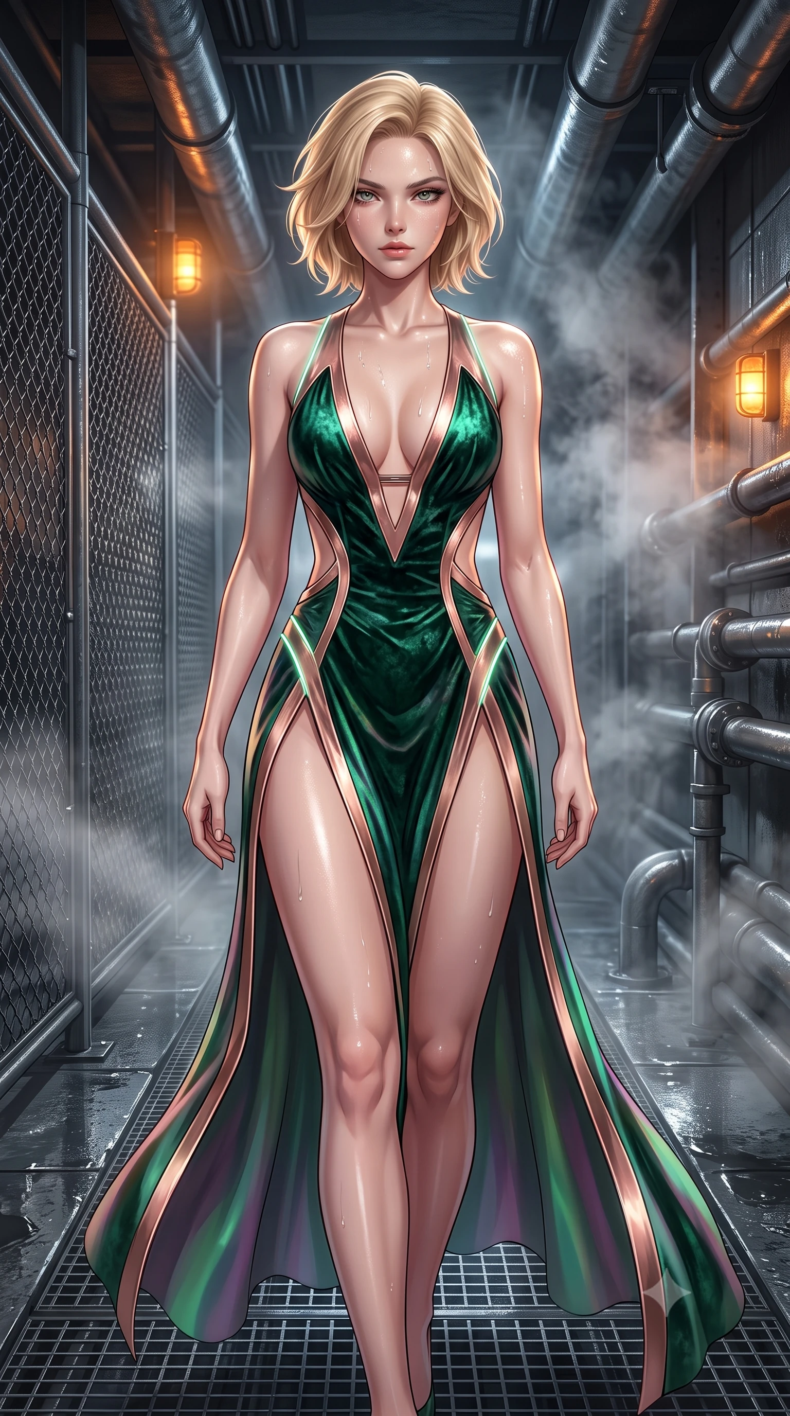 score_9, masterpiece, best quality, ultra-detailed, high-budget anime keyframe, semi-realistic 3D game render, editorial fashion photography, tasteful artistic composition, Caucasian woman. close-up cowboy shot from the waist and thighs up, the character dominates the composition, filling the frame with her large presence. gazing directly into the lens with bedroom eyes and a breathtaking, dangerous allure that commands the entire composition while striding through an underground steel corridor as amber warning lights illuminate glistening perspiration. The surrounding environment is rendered in vivid detail and crisp panoramic clarity. sharp chain-link metal wire textures, wet steel floor grating, and detailed steam pipe nozzles in deep focus. She has an exceptionally elegant, slender, and willowy female figure with an ultra-slim waist, a gracefully sculpted slender torso, and a refined silhouette. sharp v-shaped jawline, high-bridge nose, intricate jewel-like eyes with depth, thick eyelashes, glossy lips with a natural sheen, flawlessly proportioned anatomical accuracy, natural body alignment, perfectly sculpted elegant limbs, clean dynamic posture without body distortion. wearing a backless crushed velvet gown with a deep V-neckline, strategic hip cutouts, and an ultra-high thigh slit in emerald green and metallic rose gold trim, made of smooth iridescent silk chiffon that shifts colors with movement, accented with glowing fiber-optic seams tracing her collarbones and hip curves, the sleek aerodynamic cut emphasizing her magnetic presence and alluring physical grace. illuminated by dense volumetric steam rays and high-contrast specular reflections on wet metal. highly saturated vibrant anime colors, detailed shading with soft gradients, rich glossy textures, high-contrast stereoscopic depth, volumetric dynamic lighting, master piece, 9:16 ratio