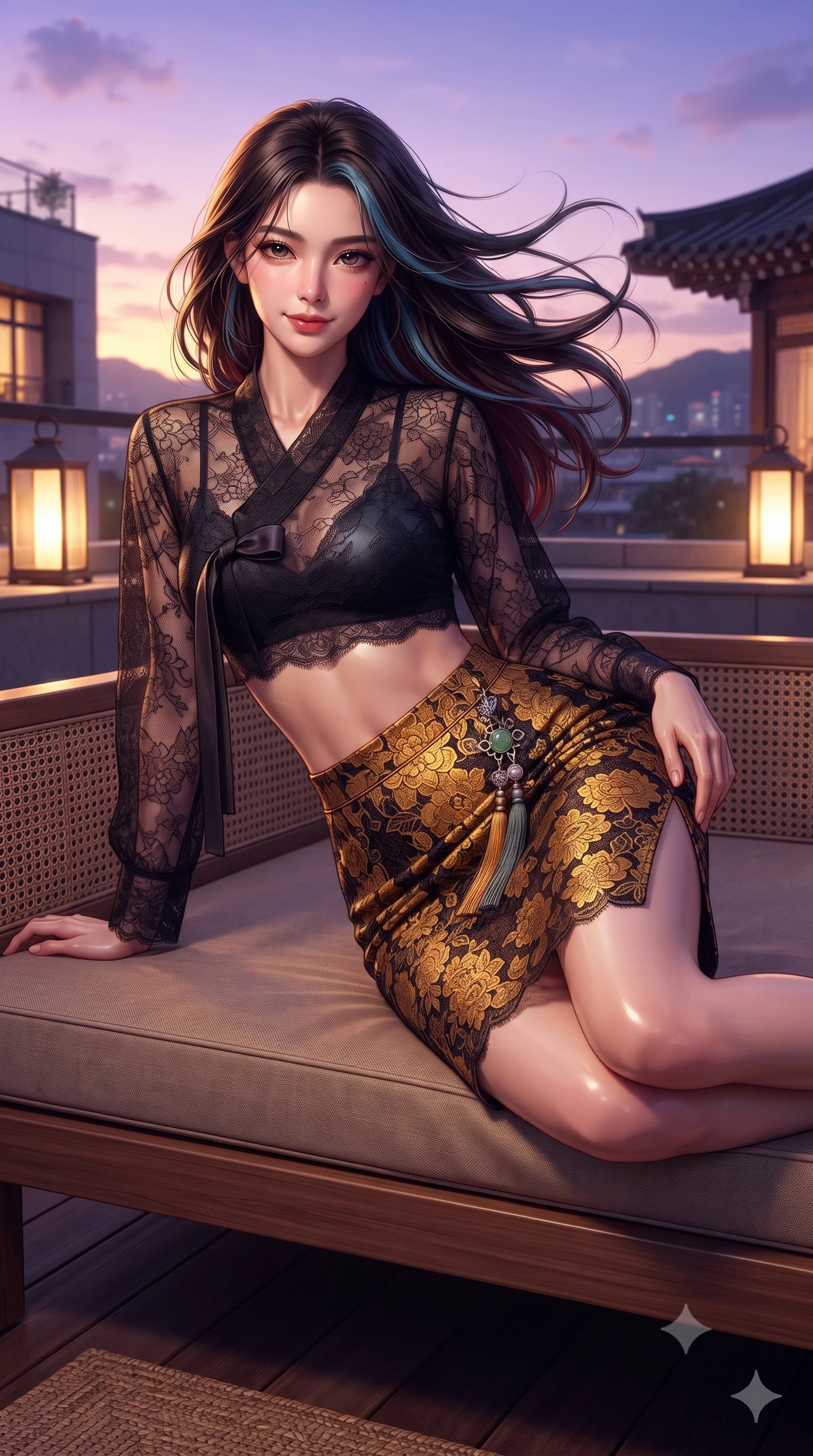 score_9, masterpiece, best quality, ultra-detailed, high-budget anime keyframe, editorial fashion photography, tasteful artistic composition, Caucasian woman. close-up cowboy shot from the waist and thighs up, the character dominates the composition, filling the frame with her large presence. turning slowly with a smoldering smile, her glossy dark hair tossing in the evening breeze as her hips angle gracefully in a captivating contrapposto while lounging on an outdoor low wooden daybed propped on one elbow with one knee bent, her flat midriff and hourglass curves radiant in twilight glow. The surrounding environment is rendered in vivid detail and crisp panoramic clarity: detailed fusion silk texture, golden hour reflections on skin, and contemporary Korean architecture in razor-sharp precision. She has an exceptionally elegant, slender, and willowy female figure with an ultra-slim waist, flat toned midriff, narrow ribcage, and sculpted feminine hips creating an alluring, slim hourglass silhouette without bulk. sharp v-shaped jawline, high-bridge nose, intricate jewel-like dark sparkling almond eyes with depth, thick lashes, glossy parted lips with a natural rose-plum sheen, bright alluring and coquettish smile with bedroom-eyes, exuding both timeless oriental elegance and sovereign high-fashion allure, flawlessly proportioned anatomical accuracy, strict slender model proportions, natural body alignment, perfectly sculpted long slender limbs, ultra-slim waistline, clean dynamic posture without body distortion. wearing a sheer black lace jeogori worn over an opaque dark silk bralette with an ultra-fitted high-waisted pencil skirt in antique saffron gold and ebony black, woven from delicate semi-opaque floral lace with oriental peony patterns, finished with an ornate modern norigae tassel with polished jade and chrome charms resting on her curvy hips, the precision-cut side hip slits and low-back scoop framing her graceful spine and the sensual sweep of her slim, toned hips. bathed in glowing violet and rose-gold twilight sky radiance contrasting with warm rooftop lanterns. ultra-reflective glossy finish, specular highlights, rich textural contrasts, high-contrast stereoscopic depth, volumetric dynamic lighting, 2k, ultra detail, master piece, 9:16 ratio