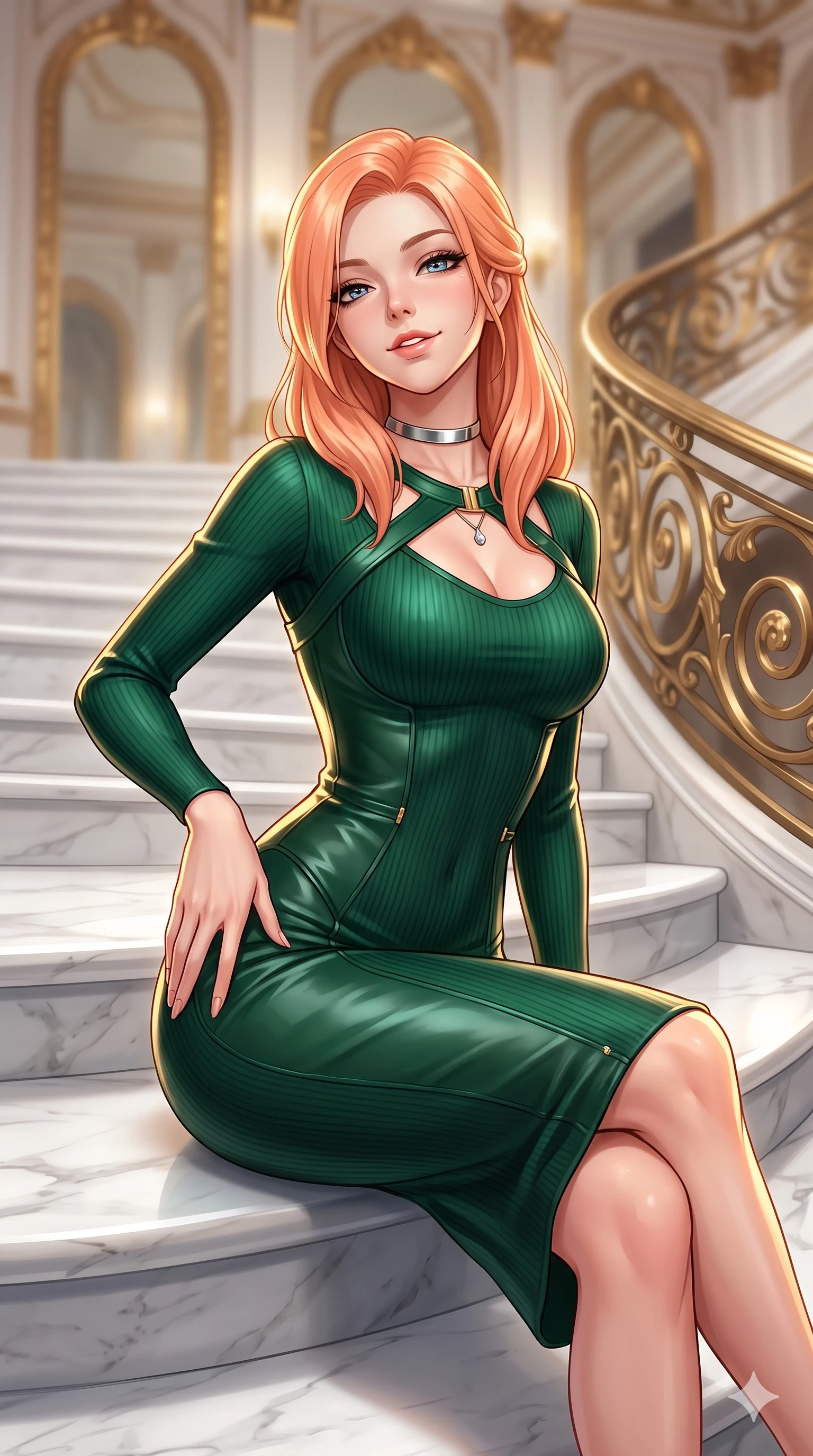 score_9, masterpiece, best quality, ultra-detailed, high-budget anime keyframe, semi-realistic 3D game render, editorial fashion photography, tasteful artistic composition, Japanese woman. close-up cowboy shot from the waist and thighs up, the character dominates the composition, filling the frame with her large presence. tilting her head with a teasing half-smile, running one hand slowly down the side of her hip in a flirtatious S-curve as ambient light caresses her silhouette while sitting poised on the polished Carrara marble steps with one knee bent, arching her spine with supermodel elegance as she glances upward through thick eyelashes. The background shows a soft-focus sweeping curved white marble stairs, monumental gilded bronze banister scrollwork, and towering arched palace mirrors blurred into alabaster, gold, and champagne bokeh. She has an exceptionally elegant, slender, and willowy female figure with an ultra-slim waist, flat toned midriff, narrow ribcage, and sculpted feminine hips creating an alluring, slim hourglass silhouette without bulk. sharp v-shaped jawline, high-bridge nose, intricate jewel-like sparkling eyes with depth, thick eyelashes, glossy parted lips with a natural sheen, intensely captivating and seductive bedroom-eyes expression, exuding both youthful cute charm and sovereign luxury allure, flawlessly proportioned anatomical accuracy, strict slender model proportions, natural body alignment, perfectly sculpted long slender limbs, ultra-slim waistline, clean dynamic posture without body distortion. wearing an ultra-sleek form-fitting ribbed silk-knit midi dress with elegant collar cutouts contouring her feminine hourglass silhouette in deep emerald green satin and gold hardware accents, woven from buttery-soft stretch lambskin leather adhering to her body like a second skin, finished with a minimalist chrome choker and a single teardrop diamond pendant, the impeccably tailored cut draping gracefully along her slender figure with aristocratic poise. illuminated by white marble floor bounce and sharp diamond-gold rim lights carving her sculpted collarbones, ultra-slim waist, and curvy hips. highly saturated vibrant anime colors, detailed shading with soft gradients, rich glossy textures, high-contrast stereoscopic depth, volumetric dynamic lighting, master piece, 9:16 ratio