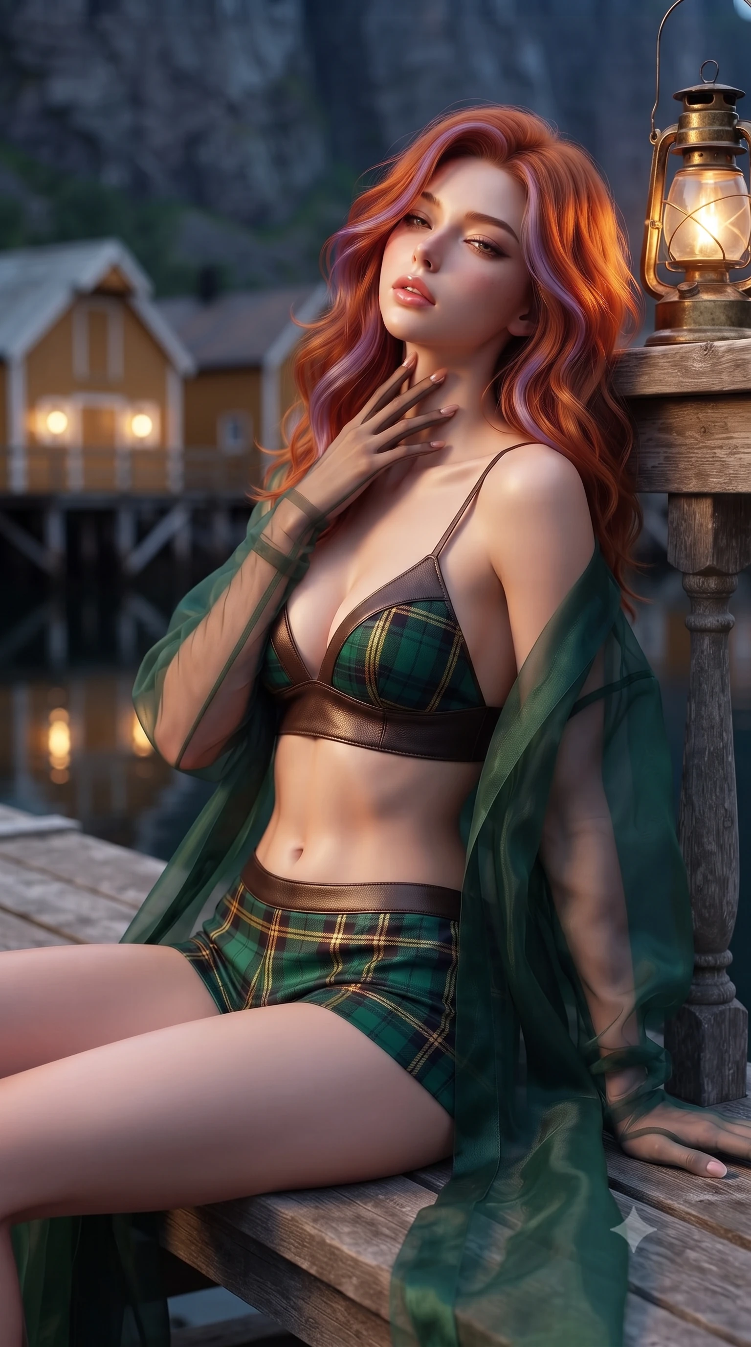 score_9, masterpiece, best quality, ultra-detailed, high-budget anime keyframe, editorial fashion photography, tasteful artistic composition, Caucasian woman. close-up cowboy shot from the waist and thighs up, the character dominates the composition, filling the frame with her large presence. leaning back against the balustrade with relaxed seductive grace, head tilted back slightly while casting a hypnotic, heavy-lidded gaze while sitting perched gracefully on the wooden dock with legs extended over still harbor waters, running one manicured hand slowly along her neck with magnetic poise. The background shows a soft-focus historic 19th-century ochre wooden cabins on stilts, mirror harbor water reflections, and sheer vertical granite cliffs blurred into ochre, charcoal, and emerald bokeh. She has an exceptionally elegant, slender, and willowy female figure with an ultra-slim waist, flat toned midriff, narrow ribcage, and sculpted feminine hips creating an alluring, slim hourglass silhouette without bulk. sharp v-shaped jawline, high-bridge nose, intricate jewel-like sparkling eyes with depth, thick eyelashes, glossy parted lips with a natural peach sheen, bright cheerful beaming smile with an enchanting and coquettish sensual glint, exuding both youthful cute charm and seductive allure, flawlessly proportioned anatomical accuracy, strict slender model proportions, natural body alignment, perfectly sculpted long slender limbs, ultra-slim waistline, clean dynamic posture without body distortion. wearing a sheer silk organza modern caftan robe worn loose and slipping off bare shoulders over a matching satin bralette and micro-shorts in Balmoral royal tartan emerald and gilded brass, woven from buttery-soft stretch lambskin leather adhering to her body like a second skin, complemented by sheer opera-length evening gloves tracing her slender arms, the second-skin tailored fabric adhering flawlessly to her sculpted flat midriff and slender torso, emphasizing her long leg lines and perfectly proportioned willowy build. bathed in the warm 2300K glow of vintage brass dock lanterns contrasted with cool Arctic evening sky. ultra-reflective glossy finish, specular highlights, rich textural contrasts, high-contrast stereoscopic depth, volumetric dynamic lighting, 2k, ultra detail, master piece, 9:16 ratio