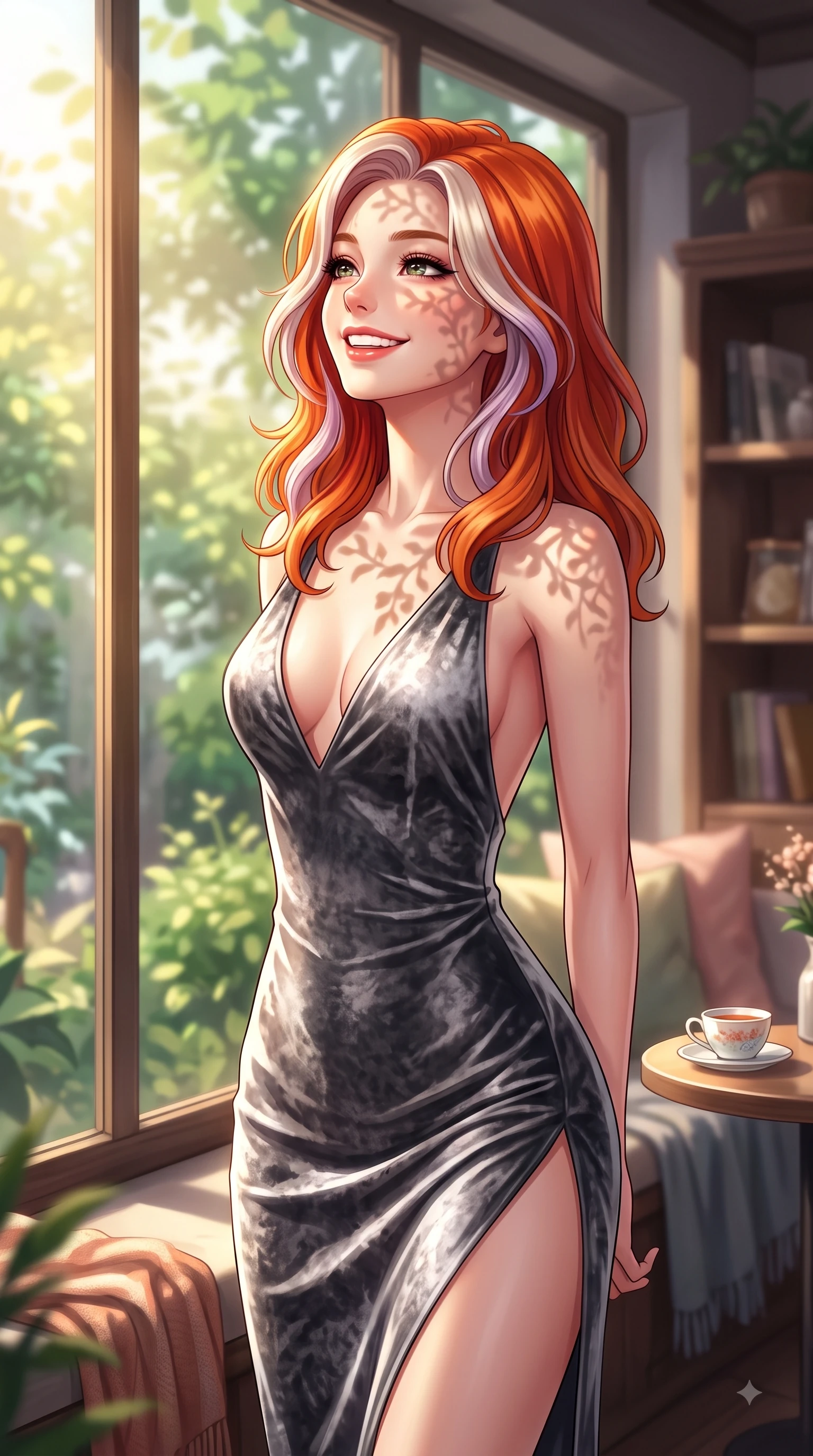 score_9, masterpiece, best quality, ultra-detailed, high-budget anime keyframe, editorial fashion photography, tasteful artistic composition, Caucasian woman. close-up cowboy shot from the waist and thighs up, the character dominates the composition, filling the frame with her large presence, background elements kept in soft focus. Tilting her chin up with a sweet beaming smile of pure delight while balancing dynamically amidst the scene while looking out a large glass window with a tender cute smile as golden afternoon light streams in, lush green garden leaves outside casting delicate organic stencil shadows across her face. She has an exceptionally elegant, slender, and willowy female figure with an ultra-slim waist, a gracefully sculpted slender torso, and a refined silhouette. sharp v-shaped jawline, high-bridge nose, intricate jewel-like eyes with depth, thick eyelashes, glossy lips with a natural sheen, flawlessly proportioned anatomical accuracy, natural body alignment, perfectly sculpted elegant limbs, clean dynamic posture without body distortion. wearing a backless crushed velvet gown with a deep V-neckline and high thigh slit in charcoal grey and platinum, made of premium stretch velvet with a rich sheen, accented with a Tasteful chest slit framing her clavicle gracefully, the sleek second-skin texture accentuating her magnetic presence. surrounded by a cozy, intimate, and relaxing cafe atmosphere. highly saturated vibrant anime colors, detailed shading with soft gradients, rich glossy textures, high-contrast stereoscopic depth, volumetric dynamic lighting, master piece, 9:16 ratio