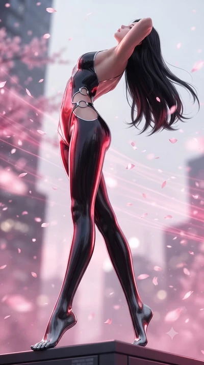 score_9, masterpiece, best quality, ultra-detailed, high-budget anime keyframe, editorial fashion photography, tasteful artistic composition, Korean woman. low angle full-body shot from head to toe showing her feet, filling the entire 9:16 vertical f
