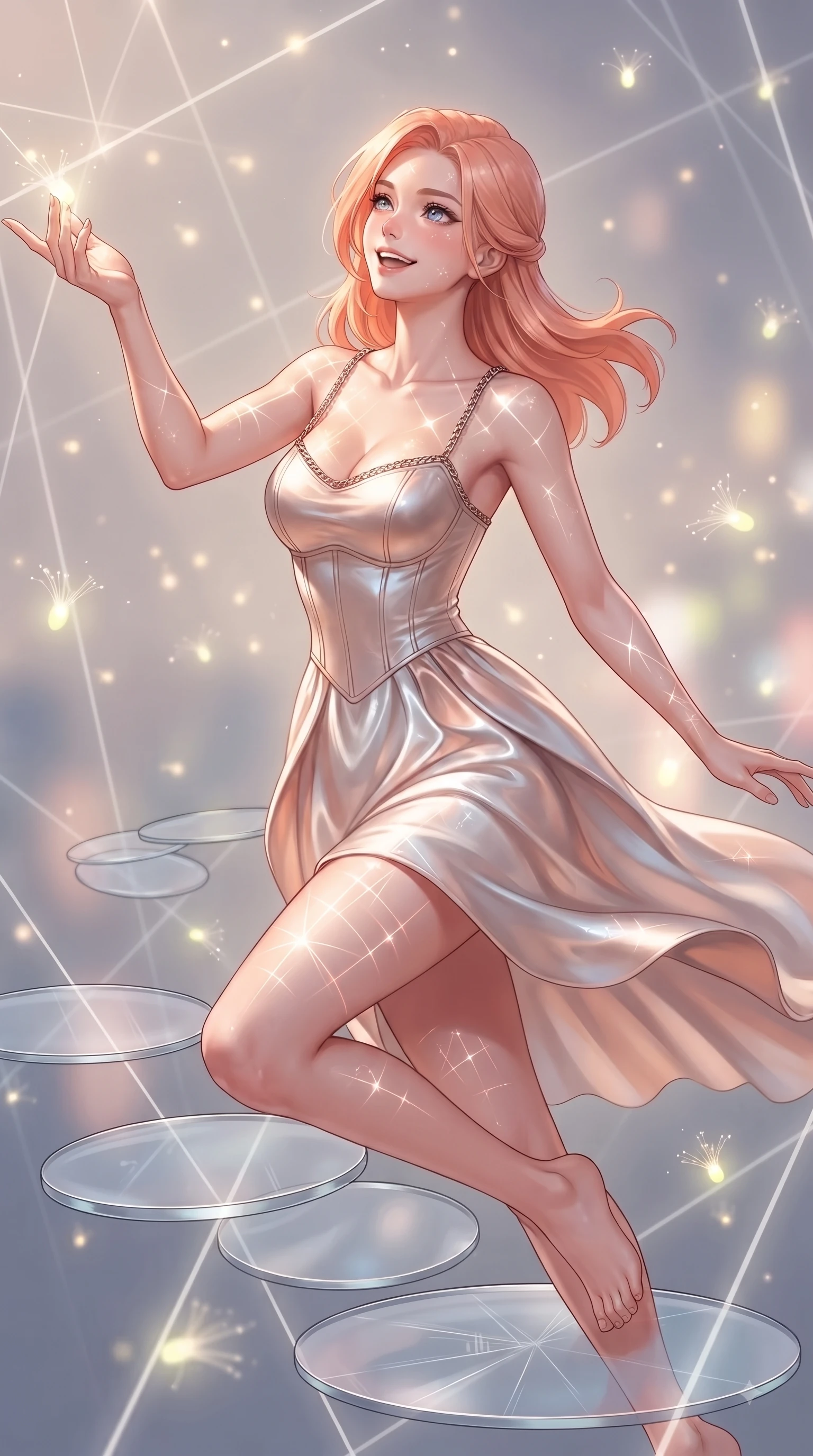 score_9, masterpiece, best quality, ultra-detailed, high-budget anime keyframe, editorial fashion photography, tasteful artistic composition, Japanese woman. close-up cowboy shot from the waist and thighs up, the character dominates the composition, filling the frame with her large presence, background elements kept in soft focus. Enchanting happy smile, her eyes twinkling like jewels in the bright sunlight as one arm reaches out playfully while leaping across a floating glass disk inside a geometric light matrix with a beaming face, glowing fiber optic motes drifting like fireflies in the cheerful background. She has an exceptionally elegant, slender, and willowy female figure with an ultra-slim waist, a gracefully sculpted slender torso, and a refined silhouette. sharp v-shaped jawline, high-bridge nose, intricate jewel-like eyes with depth, thick eyelashes, glossy lips with a natural sheen, flawlessly proportioned anatomical accuracy, natural body alignment, perfectly sculpted elegant limbs, clean dynamic posture without body distortion. wearing a modern fusion silk hanbok dress with a structured bodice and flowing skirt in pearl white and rose gold, crafted from lustrous satin jersey with fluid draping, adorned with delicate metallic chain straps along the neckline, the form-contouring material highlighting her ultra-slim waist and long lines. bathed in sharp geometric laser grid highlights and soft airy ambient fill. ultra-reflective glossy finish, specular highlights, metallic sheen, high-contrast stereoscopic depth, volumetric dynamic lighting, 2k, ultra detail, master piece, 9:16 ratio