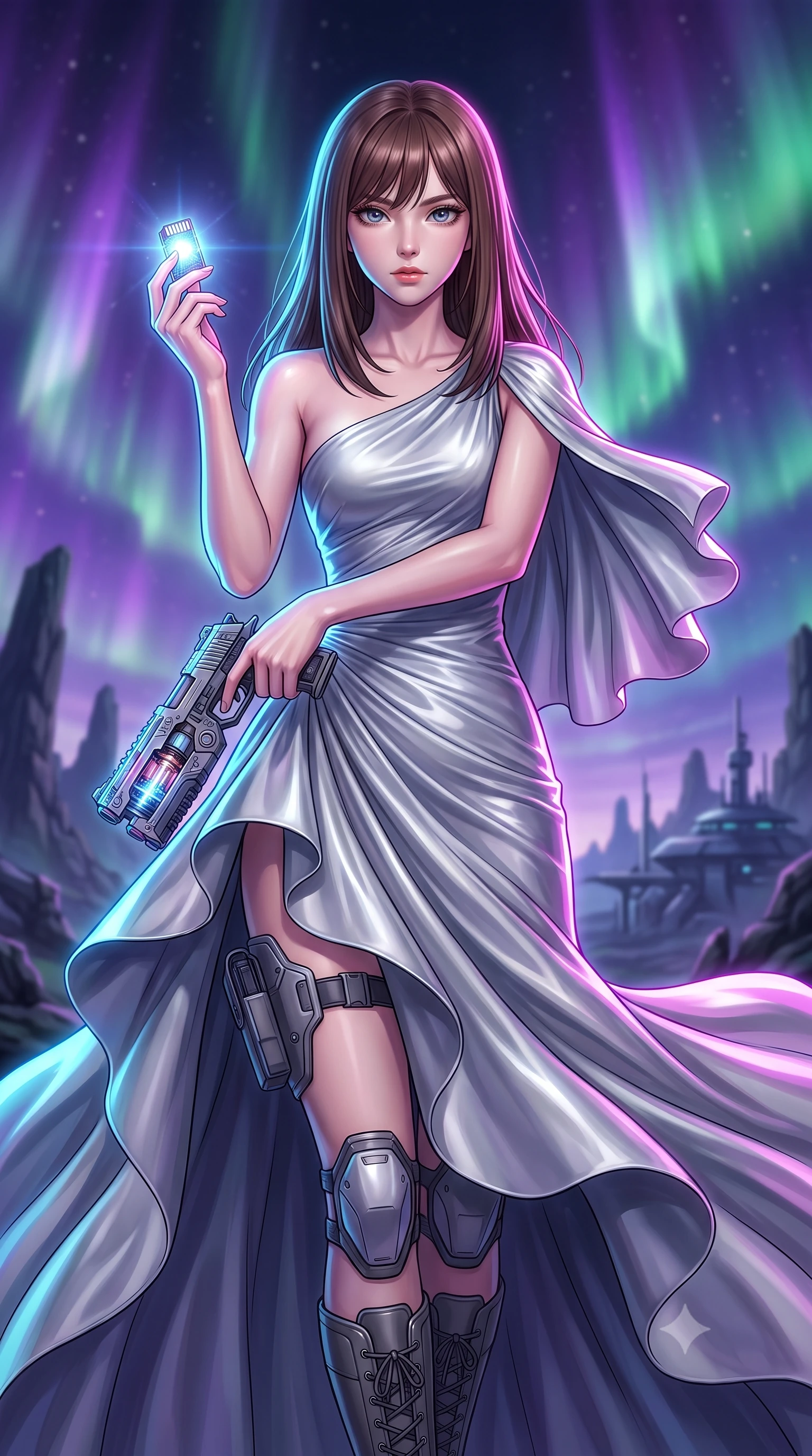 score_9, masterpiece, best quality, ultra-detailed, high-budget anime keyframe, editorial fashion photography, tasteful artistic composition, Korean woman. close-up cowboy shot from the waist and thighs up, the character dominates the composition, filling the frame with her large presence, background elements kept in soft focus. Holding a glowing data drive aloft while reloading a futuristic plasma pistol, ready for the next wave. set against a soft-focus background of the sky of an alien planet filled with dancing violet and green cosmic ray curtains stretching down to basalt plains. She has an exceptionally elegant and slender, willowy female figure with an ultra-slim waist, a gracefully sculpted slender torso, and a refined slim physique. sharp v-shaped jawline, high-bridge nose, intricate jewel-like eyes with depth, thick eyelashes, glossy lips with a natural sheen. wearing the lightweight fabric rippling and billowing dramatically with her movement, a slim-fit liquid silver asymmetric one-shoulder gown that clings to her slender frame, cascading down to a floor-length hem. highly saturated vibrant anime colors, intense vivid color palette, soft 3D volumetric shading, volumetric dynamic lighting, brilliant cinematic volumetric lighting with intense neon rim light outlining her form. 2k, ultra detail, master piece, 9:16 ratio