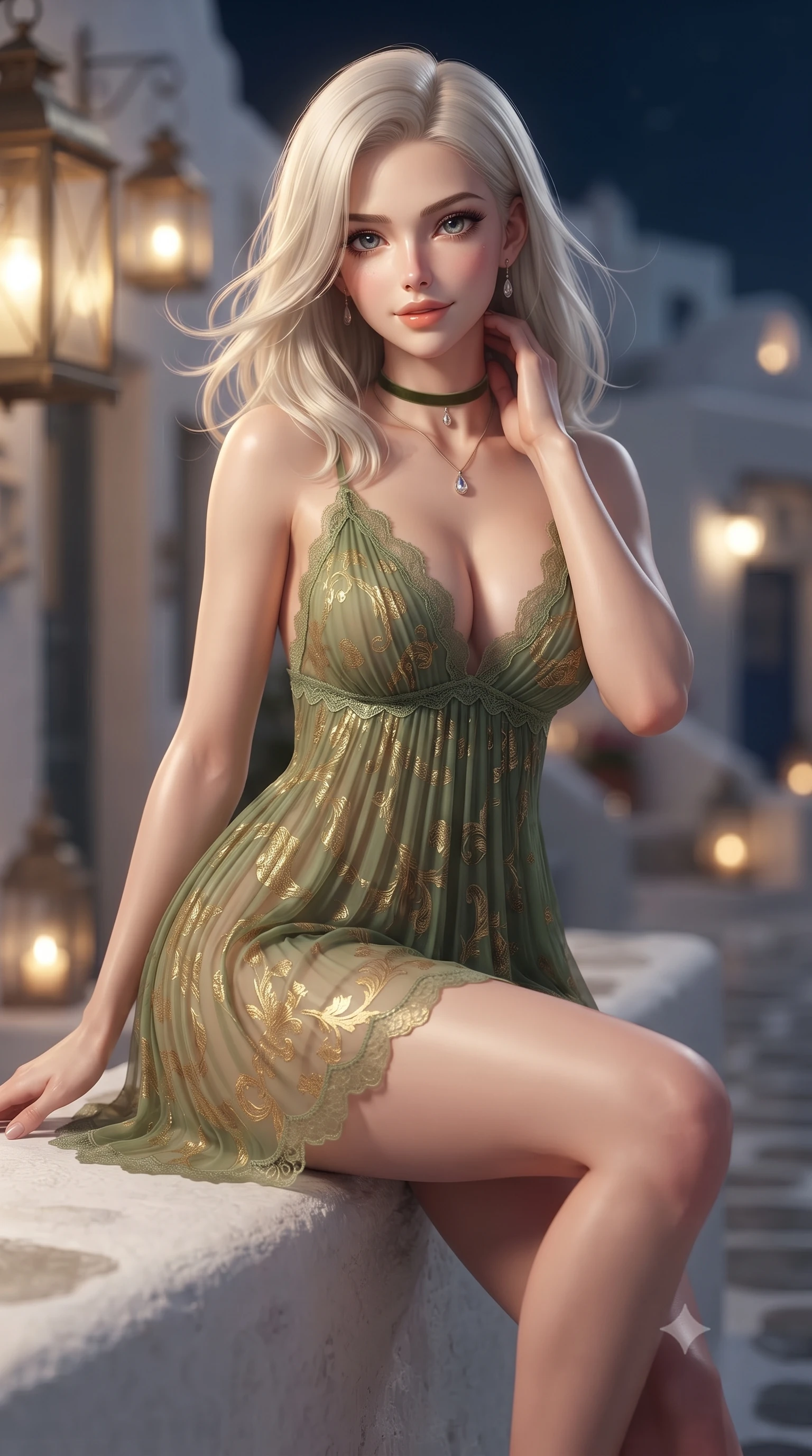 score_9, masterpiece, best quality, ultra-detailed, high-budget anime keyframe, editorial fashion photography, tasteful artistic composition, Caucasian woman. close-up cowboy shot from the waist and thighs up, the character dominates the composition, filling the frame with her large presence. turning slowly with an enchanting smoldering smile, her glossy hair tossing in the breeze as her hips angle gracefully in a captivating contrapposto while sitting perched on the whitewashed ledge with one knee bent, running one manicured hand slowly along her neck with magnetic seductive charm. The background shows a soft-focus hanging brass lanterns softened in iconic Greek landmark shallow focus. She has an exceptionally elegant, slender, and willowy female figure with an ultra-slim waist, flat toned midriff, narrow ribcage, and sculpted feminine hips creating an alluring, slim hourglass silhouette without bulk. sharp v-shaped jawline, high-bridge nose, intricate jewel-like sparkling eyes with depth, thick eyelashes, glossy parted lips with a natural peach sheen, bright cheerful beaming smile with an enchanting and coquettish sensual glint, exuding both youthful cute charm and seductive allure, flawlessly proportioned anatomical accuracy, strict slender model proportions, natural body alignment, perfectly sculpted long slender limbs, ultra-slim waistline, clean dynamic posture without body distortion. wearing a form-contouring sheer pleated georgette baby-doll slip with plunging neckline and scalloped lace trim in Gion antique matcha green and gilded gold leaf, crafted from fluid liquid silk satin that clings smoothly to her narrow waist and rounded hips with a dewy sheen, finished with a thin velvet ribbon choker and a single teardrop diamond pendant, the glove-like clinging cut tightly following the natural contour of her hips and long slender legs with youthful 8.5-heads elegance. bathed in the magical warm golden 2700K ambient illumination of the village lights below mixed with Aegean moonlight. ultra-reflective glossy finish, specular highlights, rich textural contrasts, high-contrast stereoscopic depth, volumetric dynamic lighting, 2k, ultra detail, master piece, 9:16 ratio