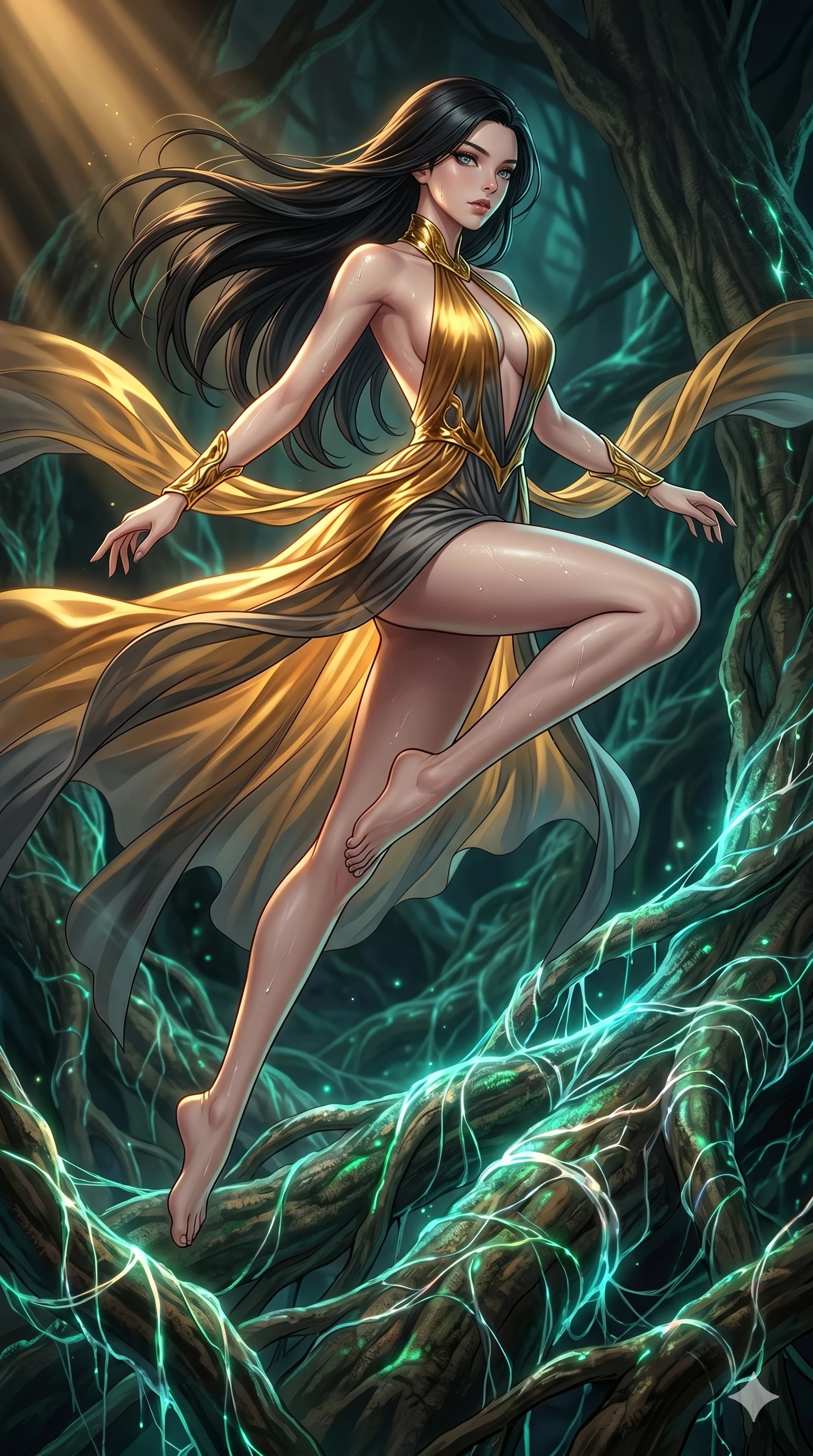 score_9, masterpiece, best quality, ultra-detailed, high-budget anime keyframe, Japanese woman. low angle full-body shot filling the entire 9:16 frame with her statuesque presence, stretching the vertical silhouette. jumping amidst giant ancient tree roots wrapped in trillions of glowing mycelium threads pulsing with emerald and opal light. She has an absolutely perfect 8-heads proportion, an exceptionally tall and slender female figure with impossibly long slender legs and an ultra-slim waist. V-shaped jawline, high-bridge nose, intricate jewel-like eyes with depth, thick eyelashes, glossy lips with a natural sheen.. wearing a molten gold and chiffon gown, featuring organic liquid gold collar and cuffs on a translucent charcoal-gray halter neck chiffon gown with a deep backless design. showcasing a beautiful play of light and shadow, with warm golden rays clashing against cool cyan highlights. 2k, ultra detail, master piece, 9:16 ratio