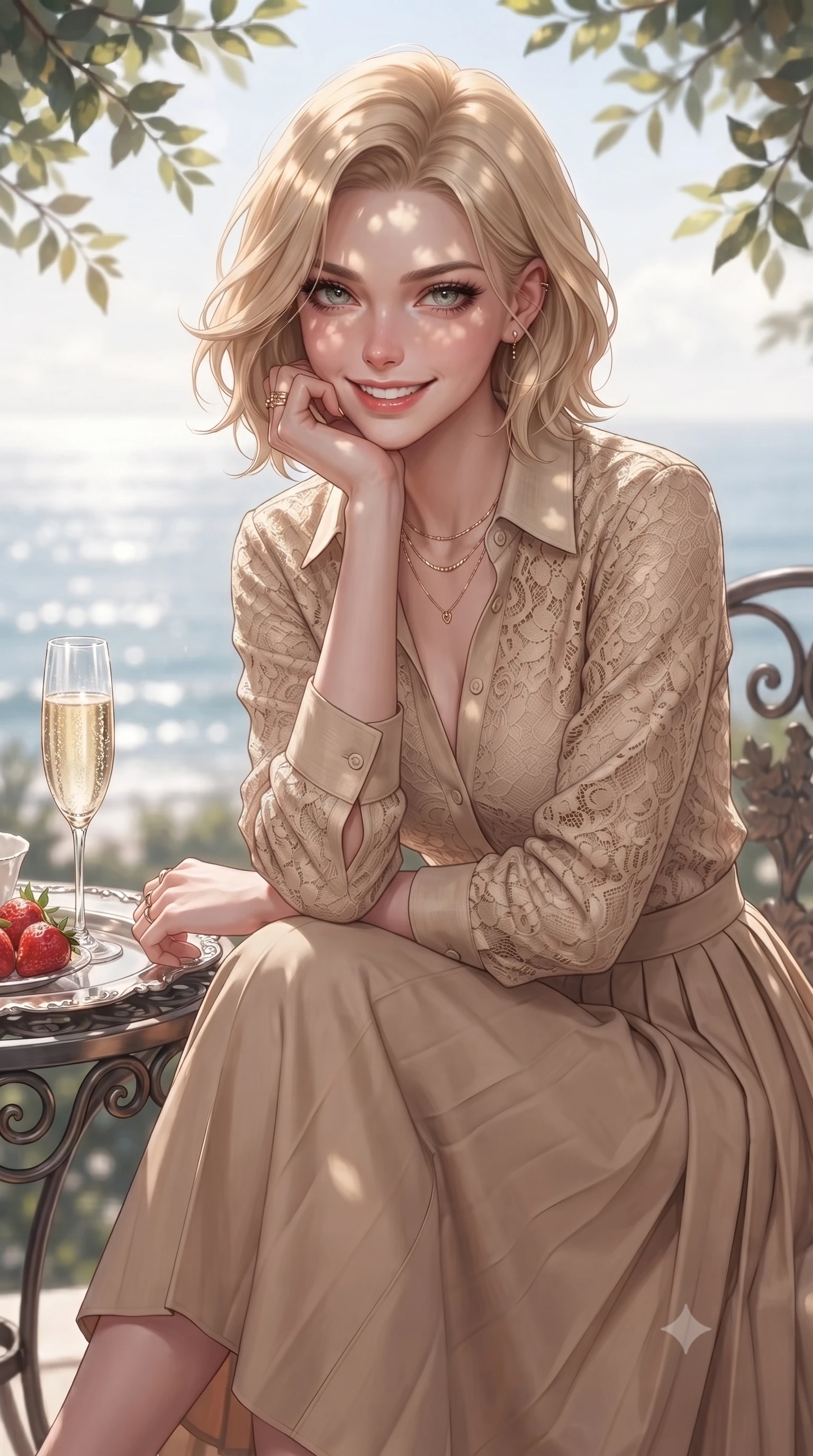 score_9, masterpiece, best quality, ultra-detailed, high-budget anime keyframe, editorial fashion photography, tasteful artistic composition, Caucasian woman. close-up cowboy shot from the waist and thighs up, the character dominates the composition, filling the frame with her large presence, background elements kept in soft focus. flashing a sweet yet tantalizing grin, resting her chin on the back of her hand with intense eye contact set against a soft-focus background of inside an exclusive oceanfront balcony with a crystal glass of sparkling champagne and fresh strawberries on a silver tray. She has an exceptionally elegant, slender, and willowy female figure with an ultra-slim waist, a gracefully sculpted slender torso, and a refined silhouette. sharp v-shaped jawline, high-bridge nose, intricate jewel-like eyes with depth, thick eyelashes, glossy lips with a natural sheen. wearing tailored warm beige delicate lace casual linen button-down shirt paired with a flowy pleated midi skirt featuring refined tailored seams. highlighted by dappled sunlight filtering through leafy branches, creating soft organic patterns. ultra-reflective glossy finish, specular highlights, metallic sheen, high-contrast stereoscopic depth, volumetric dynamic lighting, 2k, ultra detail, master piece, 9:16 ratio