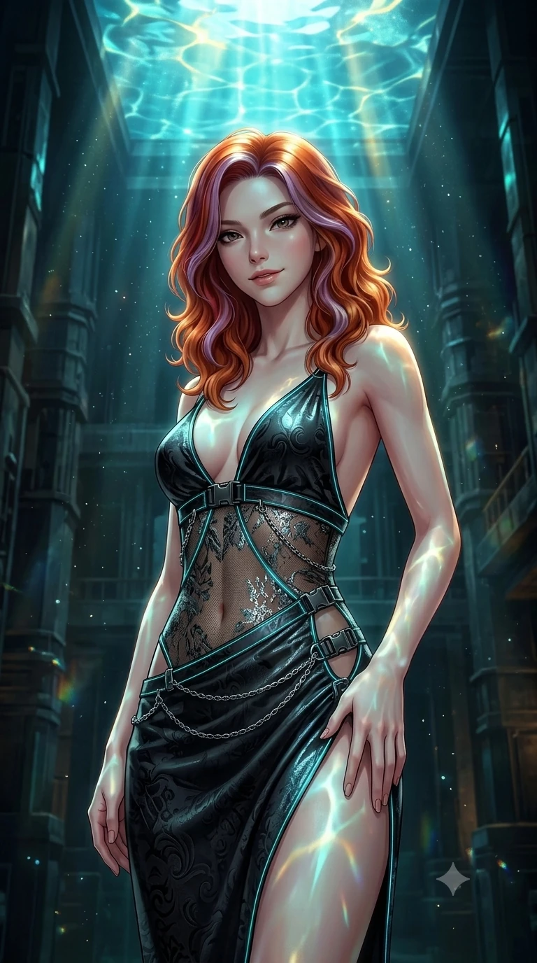 score_9, masterpiece, best quality, ultra-detailed, high-budget anime keyframe, semi-realistic 3D game render, editorial fashion photography, tasteful artistic composition, Caucasian woman. close-up cowboy shot from the waist and thighs up, the character dominates the composition, filling the frame with her large presence. tilting her head with a teasing half-smile, running one hand slowly down the side of her hip in a flirtatious S-curve while twisting her slender torso in an alluring contrapposto stance, shimmering water refractions from the ceiling pool dancing across her flat midriff and hips. The surrounding environment is rendered in vivid detail and crisp panoramic clarity: detailed sheer-illusion nanotech lace bodysuit cling, metallic foil flocking, and monumental underground architecture in razor-sharp clarity. She has an exceptionally elegant, slender, and willowy female figure with an ultra-slim waist, flat toned midriff, narrow ribcage, and sculpted feminine hips creating an alluring, slim hourglass silhouette without bulk. sharp v-shaped jawline, high-bridge nose, intricate jewel-like dark sparkling eyes with hypnotic seductive depth, thick curled eyelashes, glossy parted lips with a natural wine sheen, alluring bedroom-eyes with an enigmatic smoldering smile, exuding magnetic sovereign charisma and dark avant-garde glamour, flawlessly proportioned anatomical accuracy, strict slender model proportions, natural body alignment, perfectly sculpted long slender limbs, ultra-slim waistline, clean dynamic posture without body distortion. wearing a provocative backless liquid lamé slip dress with plunging neckline and hip-high thigh slit in neon cyan edge-glow and dark carbon black, tailored from rich silk jacquard with subtle embossed baroque patterns, framed by dark titanium buckles and silver chain details, the high-slit wrap tailoring accentuating her ultra-slim waistline and the enchanting curve of her feminine hips with alluring seductive charm. bathed in mesmerizing aquatic turquoise and gold light caustics filtering down through the transparent ceiling pool. highly saturated vibrant anime colors, detailed shading with soft gradients, rich glossy textures, high-contrast stereoscopic depth, volumetric dynamic lighting, master piece, 9:16 ratio