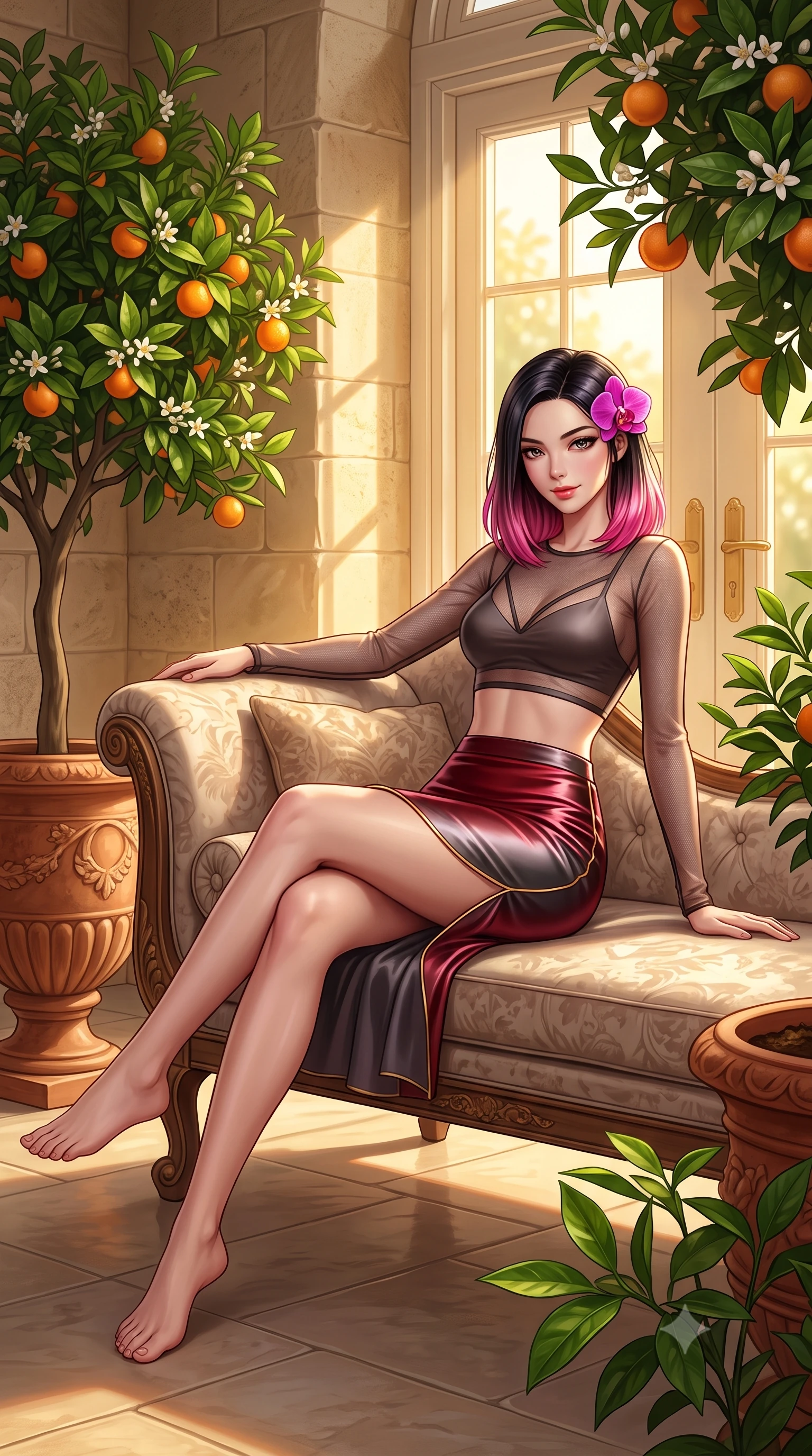 score_9, masterpiece, best quality, ultra-detailed, high-budget anime keyframe, semi-realistic 3D game render, editorial fashion photography, tasteful artistic composition, Korean woman. low angle full-body shot from head to toe showing her feet, filling the entire 9:16 vertical frame with her statuesque presence, stretching her vertical silhouette. reclining gracefully across the plush chaise lounge with one leg extended, her sculpted silhouette and flat midriff radiating magnetic nocturnal glamour while standing between fragrant blossoming orange trees in terracotta urns, arching her spine with radiant Mediterranean nymph poise. The surrounding environment is rendered in vivid detail and crisp panoramic clarity: sharp aged terracotta pot relief patterns, glossy citrus leaf veins, and honeyed limestone wall textures in deep focus. She has an absolutely perfect, statuesque 8.5-heads proportion, an exceptionally tall and slender model-like female figure with impossibly long slender legs, an ultra-slim waist, a flat toned midriff, narrow delicate ribcage, and beautifully sculpted feminine hips creating a graceful, slim hourglass silhouette without any bulky heaviness. sharp v-shaped jawline, high-bridge nose, sparkling eyes with hypnotic seductive depth, thick curled eyelashes, glossy parted lips with a natural dewy peach sheen, alluring bedroom-eyes with an enchanting coquettish smile, exuding magnetic siren charisma and sophisticated glamour, flawlessly proportioned anatomical accuracy, strict slender model proportions, natural body alignment, perfectly sculpted long slender limbs, ultra-slim waistline, clean dynamic posture without body distortion. wearing a delicate sheer mesh long-sleeve crop top layered over an opaque strappy micro-bralette and tight metallic skirt in rich cherry lacquer and smoky charcoal with gold piping, crafted from fluid liquid silk satin that clings smoothly to every curve with a dewy sheen, accented with a fresh-bloomed exotic magenta orchid tucked gracefully into her dark glossy hair, the glove-like clinging cut tightly following the natural contour of her hips and long slender legs with youthful 8.5-heads elegance. bathed in warm golden late afternoon sunlight flooding through southern-facing glass doors. highly saturated vibrant anime colors, detailed shading with soft gradients, rich glossy textures, high-contrast stereoscopic depth, volumetric dynamic lighting, master piece, 9:16 ratio