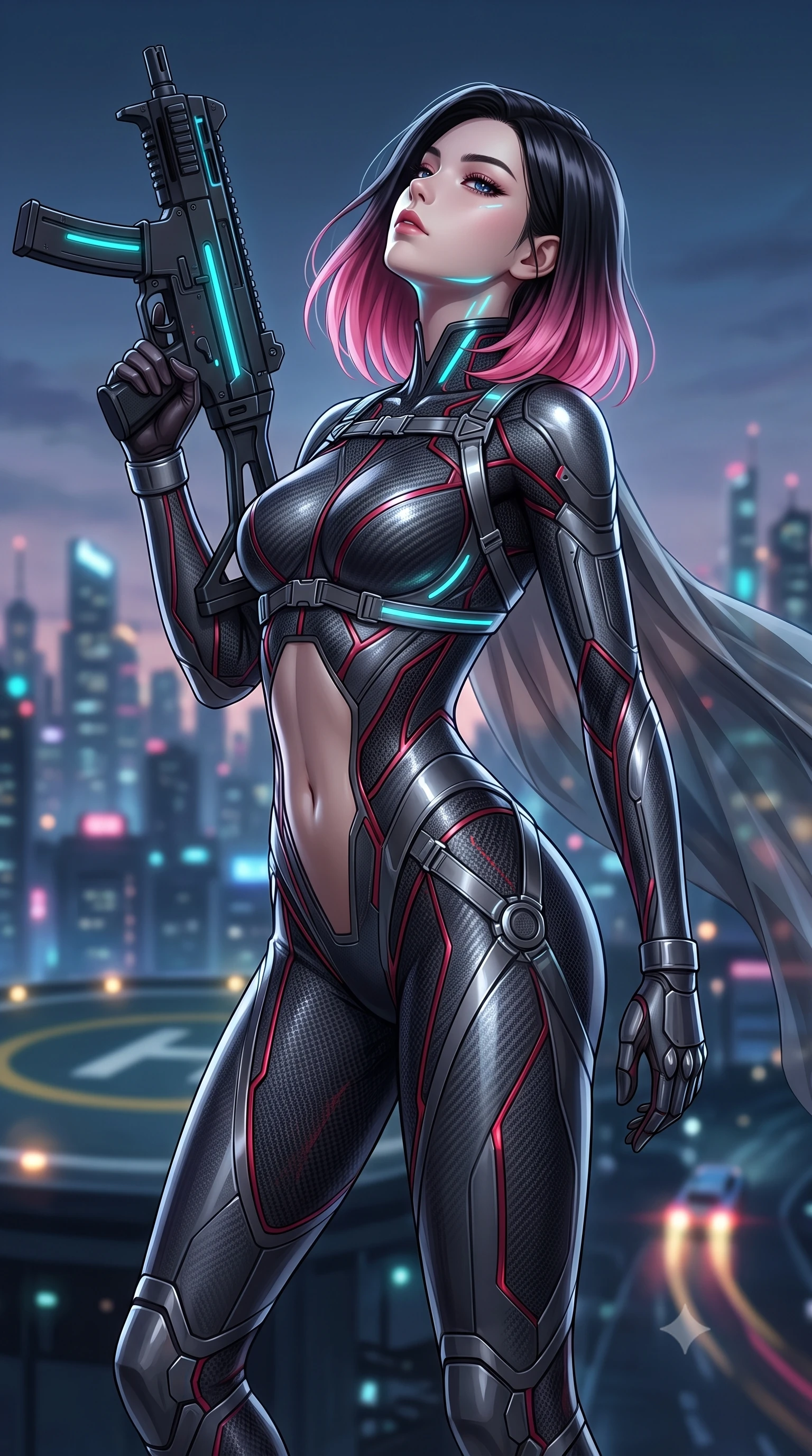 score_9, masterpiece, best quality, ultra-detailed, high-budget anime keyframe, semi-realistic 3D game render, editorial fashion photography, tasteful artistic composition, Korean woman. close-up cowboy shot from the waist and thighs up, the character dominates the composition, filling the frame with her large presence. tilting her head back with serene regal elegance, her sharp jawline and sculpted collarbones highlighted by glowing weapon energy reflections while arching her spine in a fluid combat stance as high-altitude winds billow her sheer tactical cape against the glowing city skyline. The composition keeps background elements in soft focus with creamy bokeh. helipad landing lights and flying vehicle exhaust trails softened in moody shallow focus. She has an exceptionally elegant, slender, and willowy female figure with an ultra-slim waist, a gracefully sculpted slender torso, toned flat midriff, and a refined slim silhouette. sharp v-shaped jawline, high-bridge nose, intricate jewel-like eyes with depth, thick eyelashes, glossy lips with a natural sheen, flawlessly proportioned anatomical accuracy, strict slender model proportions, natural body alignment, perfectly sculpted long slender limbs, ultra-slim waistline, clean dynamic posture without body distortion. wearing a second-skin dark gunmetal carbon-weave battle-suit with crimson laser conduits, brandishing a sleek high-tech composite submachine weapon with effortless allure in matte obsidian carbon black with electric cyan conduits, crafted from semi-translucent cybernetic carbon-vinyl interwoven with glowing micro-filaments, reinforced by a sleek titanium tactical harness and glowing micro-energy straps, the liquid-tight tailored fabric emphasizing every curve of her tall, slender model proportions and sculptured silhouette during dynamic movement. illuminated by crisp white key lighting with sharp specular highlights tracing her sculpted carbon armor curves. rich saturated anime colors with glowing neon highlights, detailed shading with soft gradients, rich glossy textures, high-contrast stereoscopic depth, volumetric dynamic lighting, master piece, 9:16 ratio