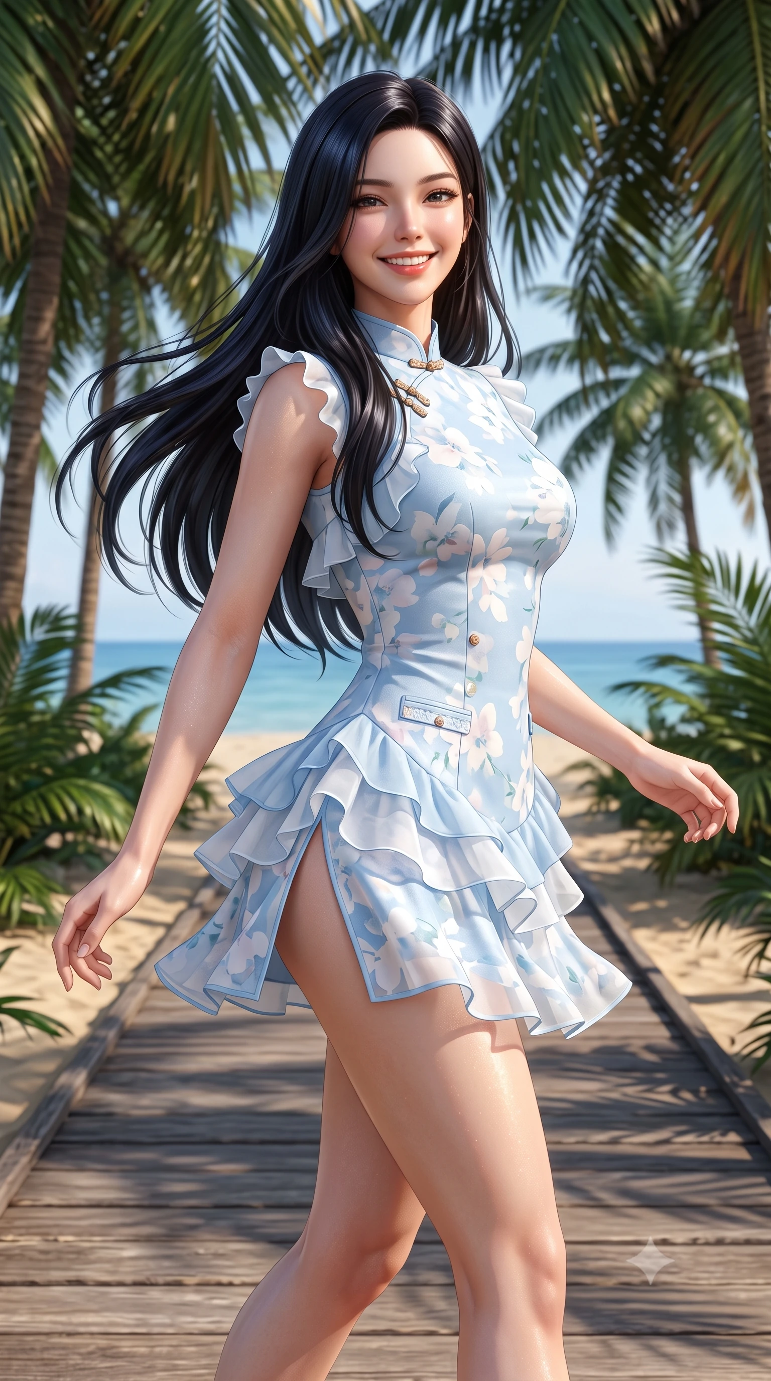 score_9, masterpiece, best quality, ultra-detailed, high-budget anime keyframe, semi-realistic 3D game render, editorial fashion photography, tasteful artistic composition, Korean woman. close-up cowboy shot from the waist and thighs up, the character dominates the composition, filling the frame with her large presence. turning playfully with a bright confident smile, her glossy hair tossing in the breeze as her hips angle gracefully in a captivating contrapposto while striding cheerfully along the wooden boardwalk leading through a shaded coconut palm grove, arching her back with an infectious sun-kissed smile. The surrounding environment is rendered in vivid detail and crisp panoramic clarity. detailed sporty chic outfit weave, glistening sun spray on skin, and ocean horizon clarity in high resolution. She has an exceptionally elegant, slender, and willowy female figure with an ultra-slim waist, flat toned midriff, narrow ribcage, and sculpted feminine hips creating an alluring, slim hourglass silhouette without bulk. sharp v-shaped jawline, high-bridge nose, intricate jewel-like sparkling eyes with depth, thick eyelashes, glossy parted lips with a natural peach sheen, bright cheerful beaming smile with an enchanting and coquettish sensual glint, exuding both youthful cute charm and seductive allure, flawlessly proportioned anatomical accuracy, strict slender model proportions, natural body alignment, perfectly sculpted long slender limbs, ultra-slim waistline, clean dynamic posture without body distortion. wearing a modern cute qipao mini dress with double side slits ascending to the hip in pastel floral silk in soft baby blue and crisp cloud white, woven from layered gossamer organza with weightless flutter, finished with neat front wooden buttons and delicate pocket details, the form-contouring cut accentuating her sculpted flat midriff, narrow delicate ribcage, and gracefully curvy hips with supermodel precision. illuminated by warm sand specular reflections sharply carving her razor-sharp jawline, narrow waist, and curvy hips. highly saturated vibrant anime colors, detailed shading with soft gradients, rich glossy textures, high-contrast stereoscopic depth, volumetric dynamic lighting, master piece, 9:16 ratio