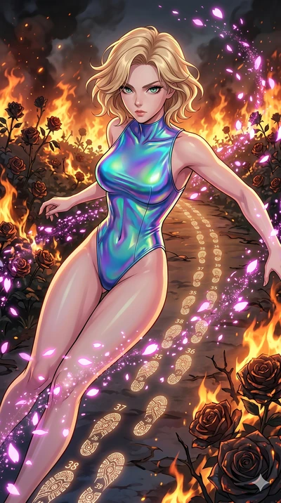 score_9, masterpiece, best quality, ultra-detailed, Set A: High-budget Anime Keyframe, Japanese woman. Upper body close-up from the thighs up, character filling the screen for maximum presence. Sliding through a burning rose garden, as she leaves a t