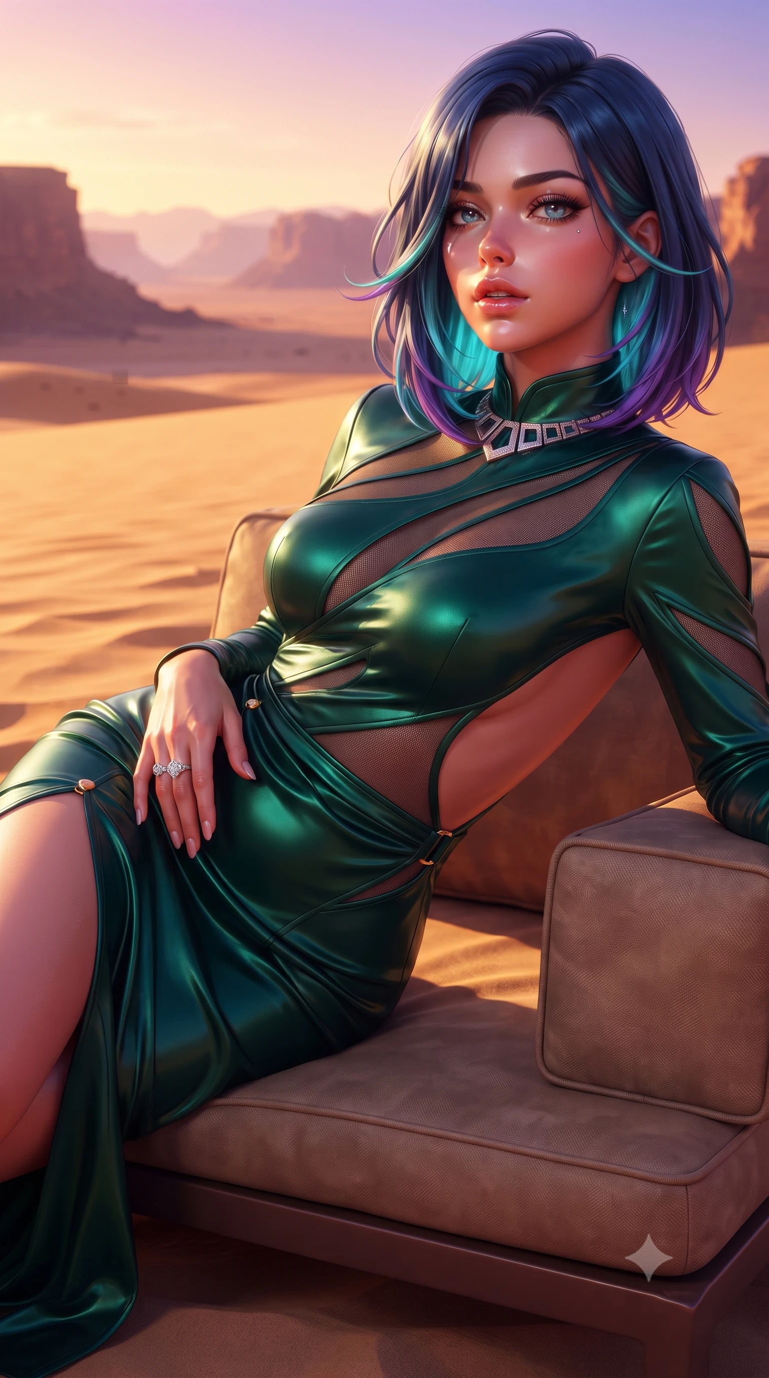 score_9, masterpiece, best quality, ultra-detailed, high-budget anime keyframe, semi-realistic 3D game render, editorial fashion photography, tasteful artistic composition, Caucasian woman. close-up cowboy shot from the waist and thighs up, the character dominates the composition, filling the frame with her large presence. resting one manicured hand delicately on her hip bone, her upper body turning in a fluid, seductive S-curve while parted lips glisten in the light while reclining across a low-slung desert lounge set upon golden sands, her slender waist and feminine curves sculpted by dramatic desert twilight. The surrounding environment is rendered in vivid detail and crisp panoramic clarity. detailed couture gown drape, sunset specular sheen on skin, and Saudi canyon horizon clarity in high resolution. She has an exceptionally elegant, slender, and willowy female figure with an ultra-slim waist, flat toned midriff, narrow ribcage, and sculpted feminine hips creating an alluring, slim hourglass silhouette without bulk. sharp v-shaped jawline, high-bridge nose, intricate jewel-like eyes with depth, thick eyelashes, glossy parted lips with a natural sheen, intensely captivating and seductive bedroom-eyes expression, flawlessly proportioned anatomical accuracy, strict slender model proportions, natural body alignment, perfectly sculpted long slender limbs, ultra-slim waistline, clean dynamic posture without body distortion. wearing a wet-look silk fusion wrap dress with asymmetrical sheer mesh cutouts and high Mandarin collar in deep emerald green satin and gold hardware, formed from supple second-skin lambskin leather with specular sheen, complemented by a bold geometric choker and sparkling cocktail ring, the dramatically scooped open back descending to the base of her spine, accentuating her razor-sharp statuesque lines and slim hourglass silhouette. bathed in glorious desert sunset glow in rich shades of molten copper and violet. highly saturated vibrant anime colors, detailed shading with soft gradients, rich glossy textures, high-contrast stereoscopic depth, volumetric dynamic lighting, master piece, 9:16 ratio