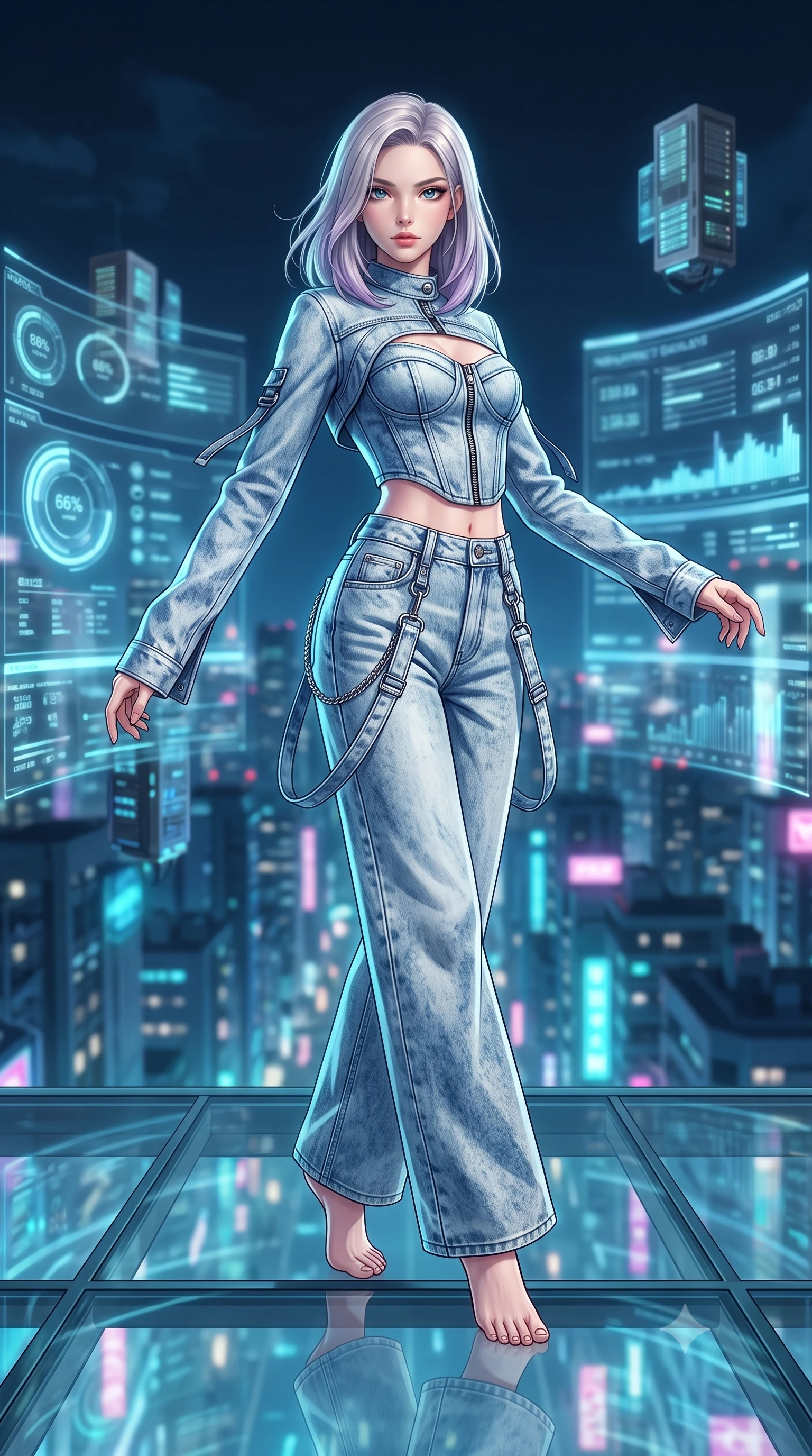score_9, masterpiece, best quality, ultra-detailed, high-budget anime keyframe, semi-realistic 3D game render, editorial fashion photography, tasteful artistic composition, Caucasian woman. low angle full-body shot from head to toe showing her feet, filling the entire 9:16 vertical frame with her statuesque presence, stretching her vertical silhouette. executing an elegant mid-motion spin with effortless grace, her garments fluttering softly around her ultra-slim waistline while standing poised on a transparent structural glass floor overlooking the dizzying vertical abyss of a neon metropolis at 3 AM. The composition keeps background elements in soft focus with creamy bokeh. curved holographic data interfaces and floating server pylons softened in sleek shallow depth of field. She has an absolutely perfect, statuesque 8.5-heads proportion, an exceptionally tall and slender model-like female figure with impossibly long slender legs, a toned flat midriff, and an ultra-slim waist. sharp v-shaped jawline, high-bridge nose, intricate jewel-like eyes with depth, thick eyelashes, glossy lips with a natural sheen, captivating and magnetic expression, flawlessly proportioned anatomical accuracy, strict slender model proportions, natural body alignment, perfectly sculpted long slender limbs, ultra-slim waistline, clean dynamic posture without body distortion. wearing a deconstructed denim corseted crop jacket paired with high-waisted wide-leg utility jeans and a silver grommet belt in acid-wash light denim and dark chrome, tailored from distressed structured cotton denim with metallic thread, accented with hanging industrial clip straps and chrome chain links edition #31, the glove-like aerodynamic second-skin fit tightly clinging to her ultra-slender waist and athletic curves without adding bulk, accentuating her razor-sharp statuesque lines and slim hourglass silhouette. bathed in ambient cyan and ice-blue holographic screen glow combined with midnight city skylight. highly saturated vibrant anime colors, detailed shading with soft gradients, rich glossy textures, high-contrast stereoscopic depth, volumetric dynamic lighting, master piece, 9:16 ratio