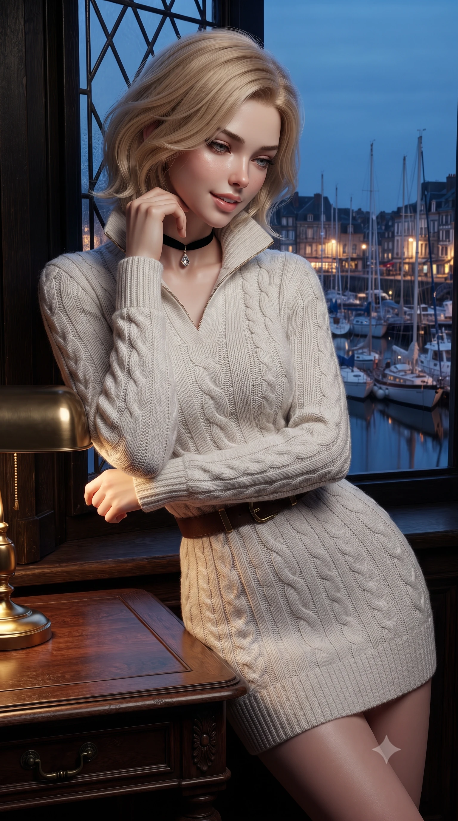 score_9, masterpiece, best quality, ultra-detailed, high-budget anime keyframe, editorial fashion photography, tasteful artistic composition, Caucasian woman. close-up cowboy shot from the waist and thighs up, the character dominates the composition, filling the frame with her large presence. resting one elbow on the table and supporting her chin, leaning close to the camera with heavy-lidded sparkling eyes and parted lips while leaning against the leaded dormer window frame with hips cocked back, looking down at the illuminated sailing yachts of the Vieux Bassin with smoldering bedroom-eyes. The surrounding environment is rendered in vivid detail and crisp panoramic clarity: detailed outfit silhouette, fabric cling or tailoring, and Norman maritime craft in high resolution. She has an exceptionally elegant, slender, and willowy female figure with an ultra-slim waist, flat toned midriff, narrow ribcage, and sculpted feminine hips creating an alluring, slim hourglass silhouette without bulk. sharp v-shaped jawline, high-bridge nose, intricate jewel-like sparkling eyes with depth, thick eyelashes, glossy parted lips with a natural peach sheen, bright cheerful beaming smile with an enchanting and coquettish sensual glint, exuding both youthful cute charm and seductive allure, flawlessly proportioned anatomical accuracy, strict slender model proportions, natural body alignment, perfectly sculpted long slender limbs, ultra-slim waistline, clean dynamic posture without body distortion. wearing an elegant high-collar Nordic merino wool cable-knit sweater dress with belted waistline in pure translucent crystal white and liquid platinum, tailored from ultra-plush silk velvet with rich tactile depth and deep shadow gradients, finished with a thin velvet ribbon choker and a single teardrop diamond pendant, the bespoke structured tailoring following the natural line of her 8.5-heads silhouette with refined elegance. bathed in the warm intimate 2400K glow of brass desk lamps mixed with blue twilight pouring through dormer windows. ultra-reflective glossy finish, specular highlights, rich textural contrasts, high-contrast stereoscopic depth, volumetric dynamic lighting, 2k, ultra detail, master piece, 9:16 ratio