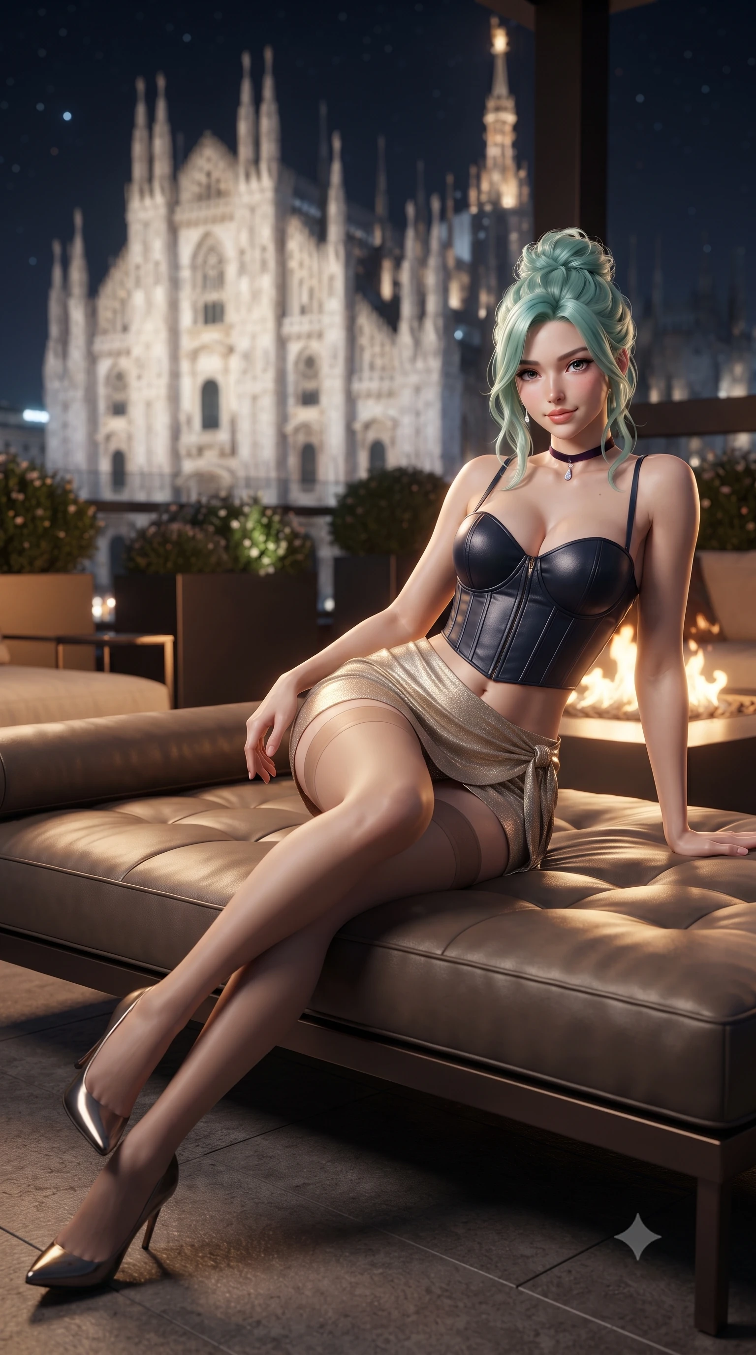 score_9, masterpiece, best quality, ultra-detailed, high-budget anime keyframe, editorial fashion photography, tasteful artistic composition, Japanese woman. low angle full-body shot from head to toe showing her feet, filling the entire 9:16 vertical frame with her statuesque presence, stretching her vertical silhouette. lounging on the lavish daybed with legs crossed and hips angled toward the camera, displaying her toned midriff and long slender limbs with effortless siren poise while lounging across the low-profile designer leather daybed propped on one elbow, her flat midriff commanding the historic Milan skyline. The background shows a soft-focus the illuminated white marble Gothic spires of the Milan Duomo, rooftop garden planters, and city lights blurred into pearl, amber, and indigo bokeh. She has an absolutely perfect, statuesque 8.5-heads proportion, an exceptionally tall and slender model-like female figure with impossibly long slender legs, an ultra-slim waist, a flat toned midriff, narrow delicate ribcage, and beautifully sculpted feminine hips creating a graceful, slim hourglass silhouette without any bulky heaviness. sharp v-shaped jawline, high-bridge nose, sparkling eyes with hypnotic seductive depth, thick curled eyelashes, glossy parted lips with a natural dewy peach sheen, alluring bedroom-eyes with an enchanting coquettish smile, exuding magnetic siren charisma and sophisticated glamour, flawlessly proportioned anatomical accuracy, strict slender model proportions, natural body alignment, perfectly sculpted long slender limbs, ultra-slim waistline, clean dynamic posture without body distortion. wearing a structured boned leatherette corset bodice paired with an ultra-short micro-wrap mini skirt and sheer thigh-high stockings in midnight obsidian black and liquid champagne gold, woven from stretch metallic lurex jersey casting radiant starlight glints across her silhouette, finished with a thin velvet ribbon choker and a single teardrop diamond pendant, the form-contouring silhouette accentuating her sculpted flat midriff, narrow delicate ribcage, and gracefully curvy hips with intoxicating allure. bathed in the warm dancing glow of the bronze fire table paired with cool starlight and Duomo floodlights. ultra-reflective glossy finish, specular highlights, rich textural contrasts, high-contrast stereoscopic depth, volumetric dynamic lighting, 2k, ultra detail, master piece, 9:16 ratio