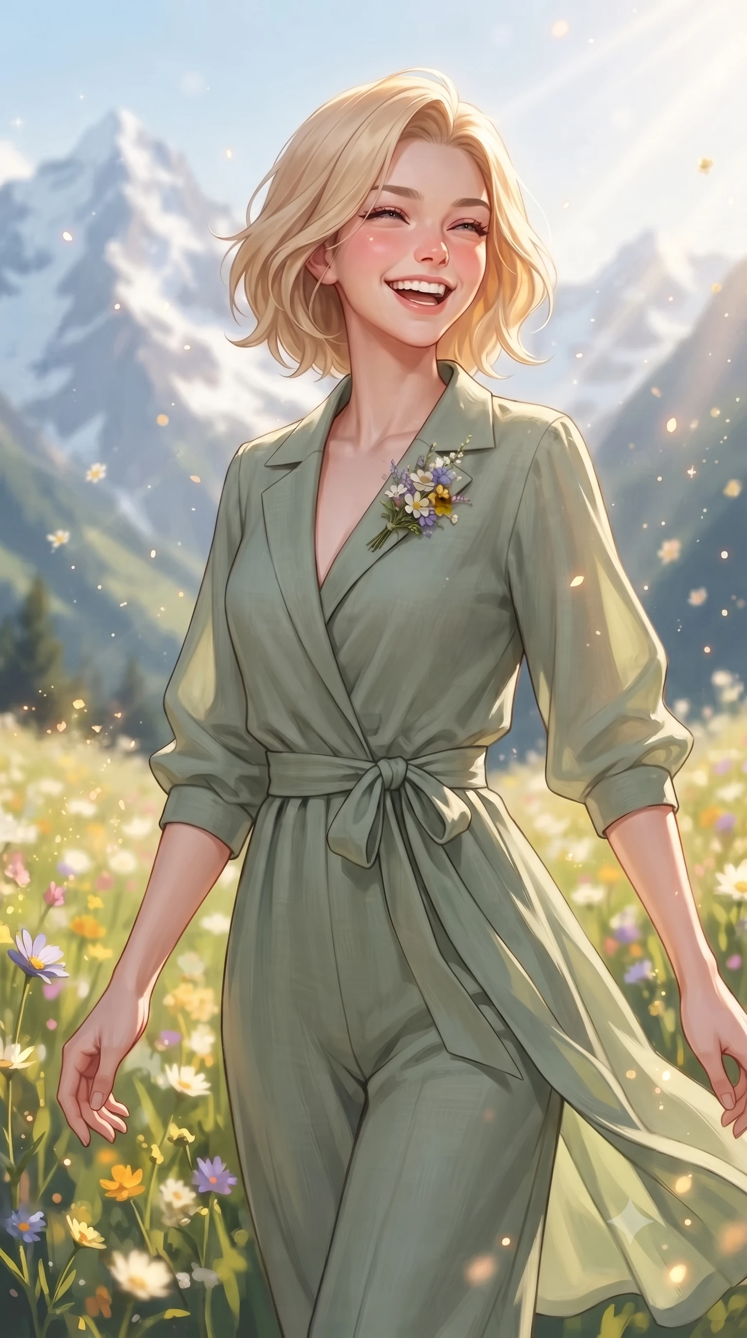 score_9, masterpiece, best quality, ultra-detailed, high-budget anime keyframe, editorial fashion photography, tasteful artistic composition, Caucasian woman. close-up cowboy shot from the waist and thighs up, the character dominates the composition, filling the frame with her large presence. laughing cheerfully with genuine delight, eyes crinkling sweetly as natural golden sunlight illuminates her glowing cheeks while strolling gracefully through vibrant alpine wildflower fields under dramatic snow-capped peaks with a beaming bright smile. The composition keeps background elements in soft focus with creamy bokeh. sparkling mountain breeze sunbeams and floating flower pollen scattering warm dreamy light motes. She has an exceptionally elegant, slender, and willowy female figure with an ultra-slim waist, a gracefully sculpted slender torso, toned flat midriff, and a refined slim silhouette. sharp v-shaped jawline, high-bridge nose, intricate jewel-like eyes with depth, thick eyelashes, glossy lips with a natural sheen, pure and lovely fresh girlhood expression, flawlessly proportioned anatomical accuracy, strict slender model proportions, natural body alignment, perfectly sculpted long slender limbs, ultra-slim waistline, clean dynamic posture without body distortion. wearing a relaxed sage green linen jumpsuit with a tied waist sash and folded collar in refreshing mint green and crisp sea-salt white, made of fine lightweight chiffon with a soft fluid drape, complemented by a delicate wildflower corsage pinned to the lapel, the breezy lightweight fabric fluttering softly against her delicate collarbones, narrow waist, and feminine curves. surrounded by a fresh, uplifting, and enchantingly pure alpine girlhood aura. ultra-reflective glossy finish, specular highlights, rich natural textures, high-contrast stereoscopic depth, volumetric dynamic lighting, 2k, ultra detail, master piece, 9:16 ratio