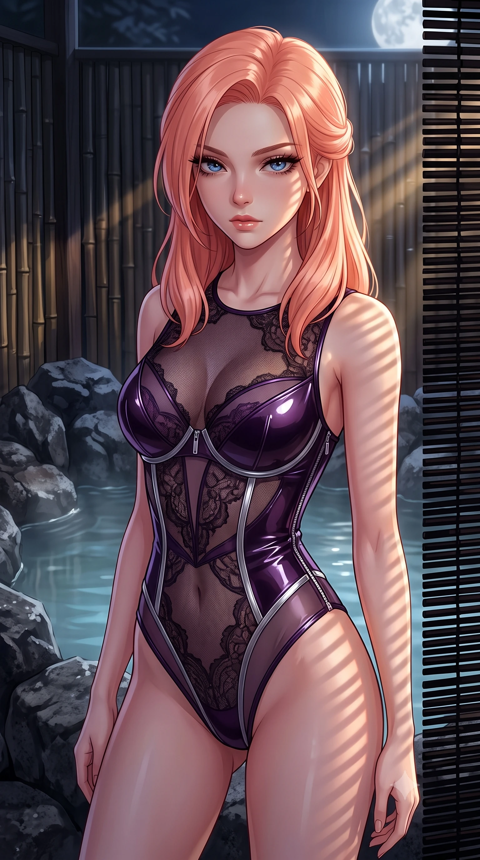 score_9, masterpiece, best quality, ultra-detailed, high-budget anime keyframe, editorial fashion photography, tasteful artistic composition, Japanese woman. close-up cowboy shot from the waist and thighs up, the character dominates the composition, filling the frame with her large presence, background elements kept in soft focus. Casting a slow, direct gaze beneath heavy lashes with quiet intensity, standing beside a private outdoor thermal onsen surrounded by volcanic basalt rocks, dark bamboo screen filtering soft silver moonlight into delicate shadow stripes. She has an exceptionally elegant, slender, and willowy female figure with an ultra-slim waist, a gracefully sculpted slender torso, and a refined silhouette. sharp v-shaped jawline, high-bridge nose, intricate jewel-like eyes with depth, thick eyelashes, glossy lips with a natural sheen. wearing sheer midnight lace overlay bodysuit with delicate sheer cutouts in dark plum violet, made of high-gloss liquid vinyl, finished with metallic silver boning and sleek zipper points, contouring every curve with an exceptionally elegant silhouette. lit by low-key golden rays piercing through dark bamboo shadows. highly saturated vibrant anime colors, detailed shading with soft gradients, rich glossy textures, high-contrast stereoscopic depth, volumetric dynamic lighting, master piece, 9:16 ratio