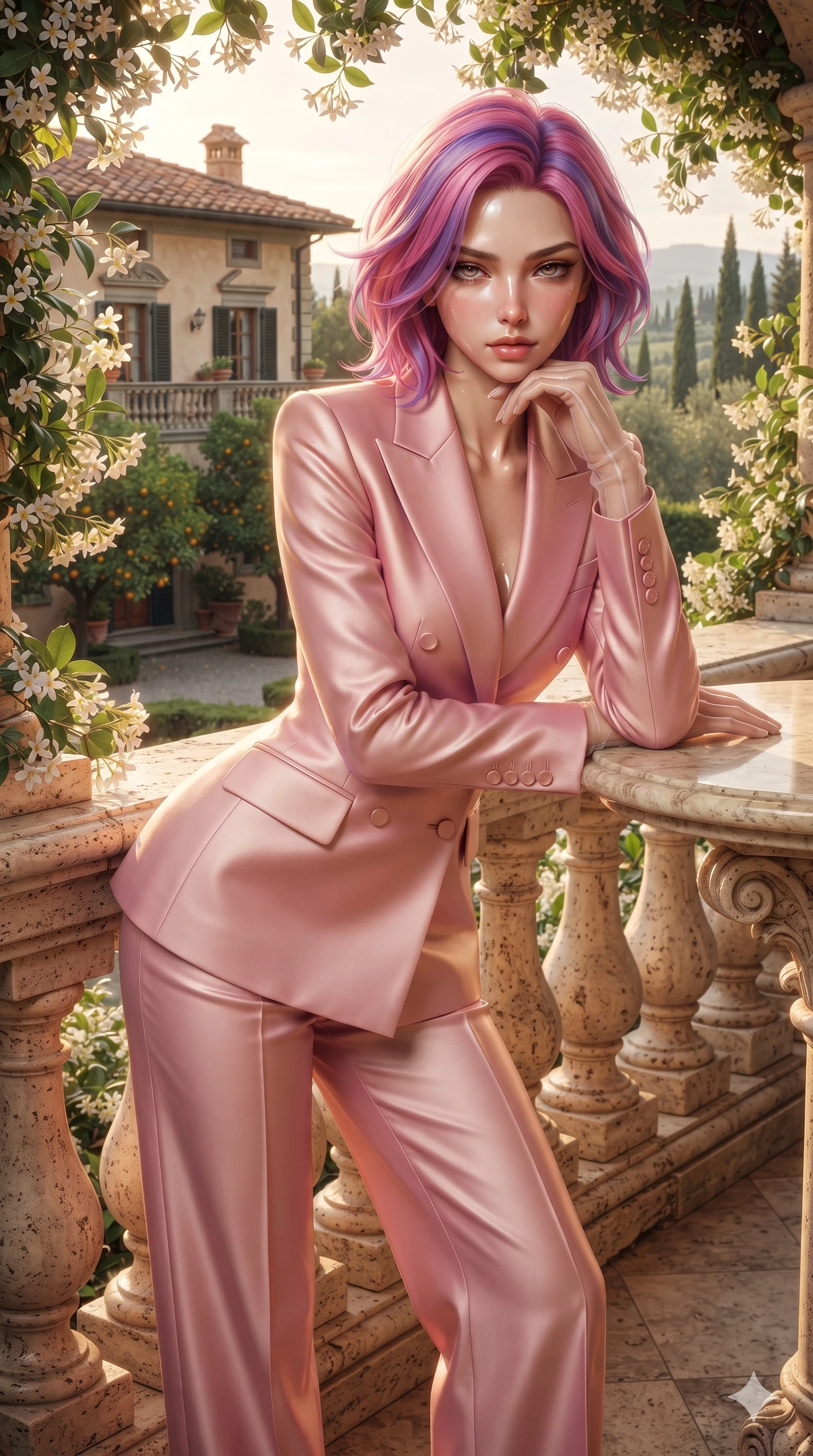 score_9, masterpiece, best quality, ultra-detailed, high-budget anime keyframe, editorial fashion photography, tasteful artistic composition, Caucasian woman. close-up cowboy shot from the waist and thighs up, the character dominates the composition, filling the frame with her large presence. resting one elbow on the table and supporting her chin, leaning close to the camera with heavy-lidded sparkling eyes and parted lips while leaning against the carved travertine balustrade with hips cocked back, looking through blooming jasmine vines with smoldering bedroom-eyes. The surrounding environment is rendered in vivid detail and crisp panoramic clarity: detailed gown tailoring, second-skin fit, and timeless Italian villa craftsmanship in razor-sharp precision. She has an exceptionally elegant, slender, and willowy female figure with an ultra-slim waist, flat toned midriff, narrow ribcage, and sculpted feminine hips creating an alluring, slim hourglass silhouette without bulk. sharp v-shaped jawline, high-bridge nose, intricate jewel-like eyes with depth, thick eyelashes, glossy parted lips with a natural sheen, intensely captivating and seductive bedroom-eyes expression, flawlessly proportioned anatomical accuracy, strict slender model proportions, natural body alignment, perfectly sculpted long slender limbs, ultra-slim waistline, clean dynamic posture without body distortion. wearing a bespoke tailored satin pantsuit with a double-breasted structured blazer and pressed wide-leg trousers in prismatic rose-quartz and alien peach, tailored from heavy Italian silk mikado with an architectural structured drape, complemented by sheer opera-length evening gloves tracing her slender arms, the bespoke structured tailoring following the natural line of her 8.5-heads silhouette with refined elegance. illuminated by stone terrace bounce and sharp amber rim lights defining her razor-sharp jawline, narrow waist, and curvy hips. ultra-reflective glossy finish, specular highlights, rich textural contrasts, high-contrast stereoscopic depth, volumetric dynamic lighting, 2k, ultra detail, master piece, 9:16 ratio
