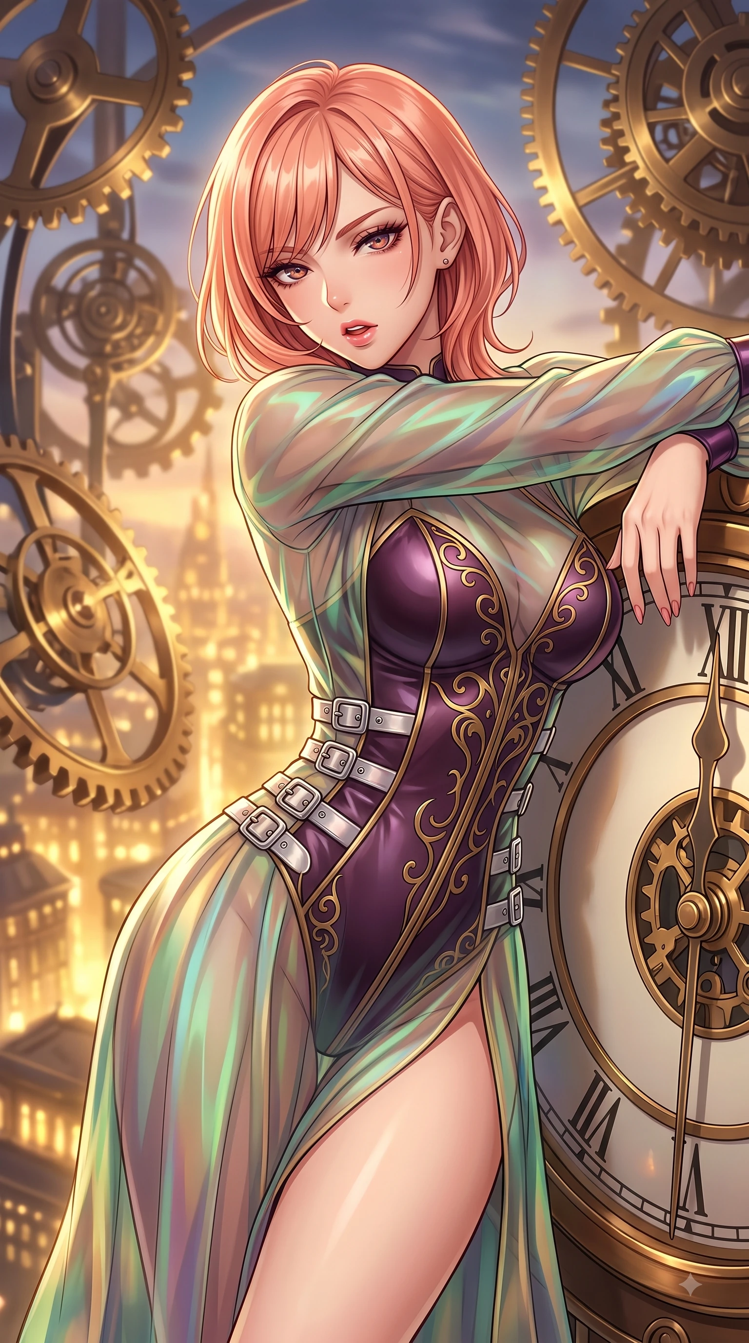 score_9, masterpiece, best quality, ultra-detailed, high-budget anime keyframe, editorial fashion photography, tasteful artistic composition, Japanese woman. close-up cowboy shot from the waist and thighs up, the character dominates the composition, filling the frame with her large presence, background elements kept in soft focus. Leaning forward gracefully with lips parted, casting a smoldering magnetic gaze directly into the lens while resting against a mechanical clock pendulum swinging over a golden illuminated city below, floating brass gears and clocksprings casting intricate metallic reflections. She has an exceptionally elegant, slender, and willowy female figure with an ultra-slim waist, a gracefully sculpted slender torso, and a refined silhouette. sharp v-shaped jawline, high-bridge nose, intricate jewel-like eyes with depth, thick eyelashes, glossy lips with a natural sheen, flawlessly proportioned anatomical accuracy, natural body alignment, perfectly sculpted elegant limbs, clean dynamic posture without body distortion. wearing a semi-opaque sheer overlay dress over a leather micro-bodysuit in plum purple and gold filigree, crafted from iridescent chiffon that shifts colors in the light, detailed with polished silver buckles along the waistline, the sleek second-skin texture accentuating her magnetic presence. surrounded by warm hearth light and dramatic bronze rim highlights. highly saturated vibrant anime colors, detailed shading with soft gradients, rich glossy textures, high-contrast stereoscopic depth, volumetric dynamic lighting, master piece, 9:16 ratio