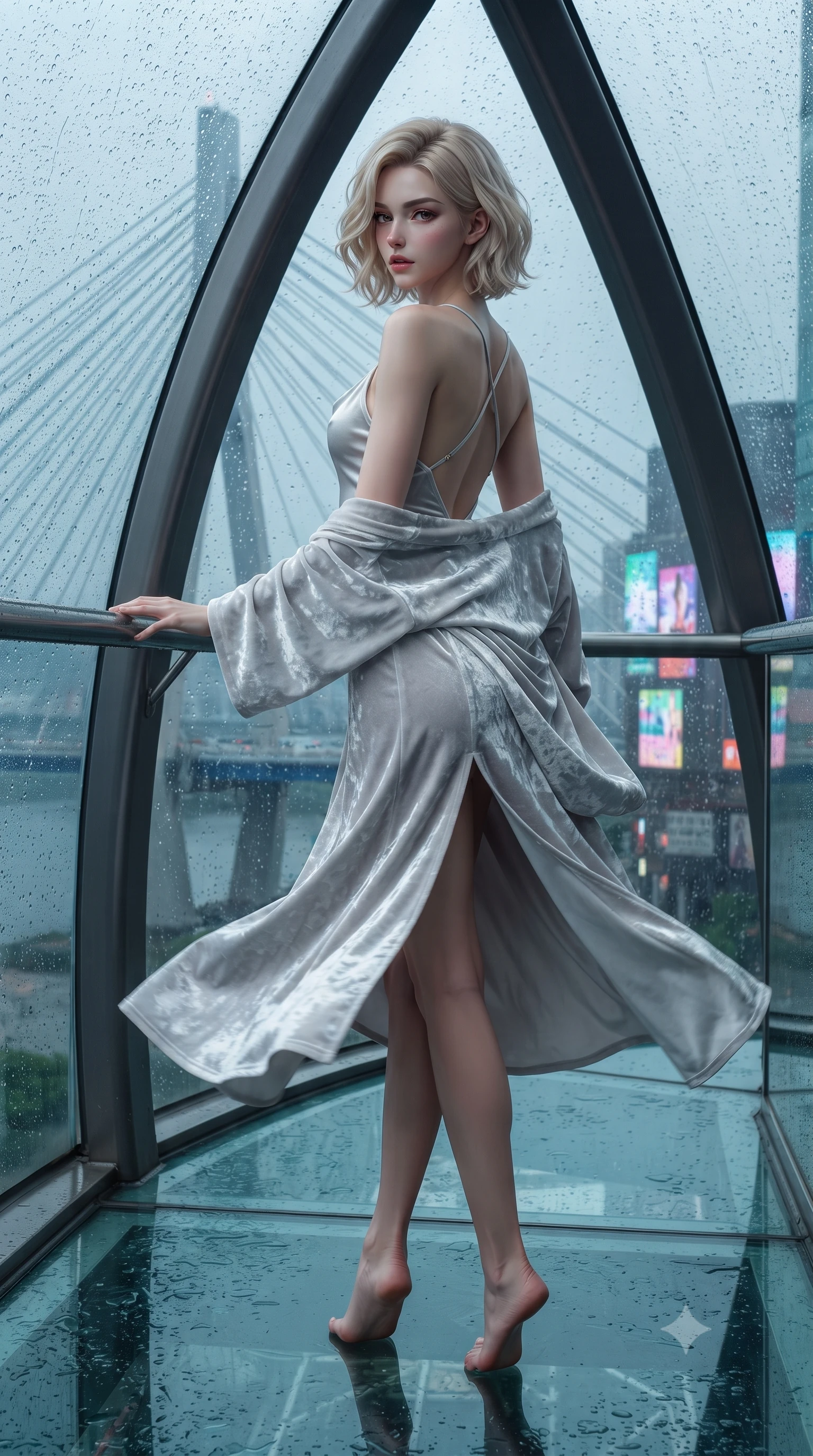score_9, masterpiece, best quality, ultra-detailed, high-budget anime keyframe, editorial fashion photography, tasteful artistic composition, Caucasian woman. low angle full-body shot from head to toe showing her feet, filling the entire 9:16 vertical frame with her statuesque presence, stretching her vertical silhouette. executing an elegant mid-motion pivot turn as garments swirl around her slender limbs, glancing over her shoulder with an intoxicating bedroom-gaze while twisting her slender torso in an alluring contrapposto stance, resting one hand on the curved titanium support spar with smoldering bedroom-eyes as holographic city billboards shimmer behind her. The surrounding environment is rendered in vivid detail and crisp panoramic clarity. sharp structural titanium spar seams, rain droplet tracks on glass, and Han River suspension bridge cable tension in deep focus. She has an exceptionally tall and slender model-like 8.5-heads proportion, an ultra-slim waist, a flat toned midriff, narrow delicate ribcage, and beautifully sculpted feminine hips creating a graceful, slim hourglass silhouette without any bulky heaviness, with impossibly long slender legs. sharp v-shaped jawline, high-bridge nose, intricate jewel-like eyes with depth, thick eyelashes, glossy parted lips with a natural sheen, intensely captivating and seductive bedroom-eyes expression, flawlessly proportioned anatomical accuracy, strict slender model proportions, natural body alignment, perfectly sculpted long slender limbs, ultra-slim waistline, clean dynamic posture without body distortion. wearing a backless cowl-neck satin slip dress featuring high-cut side hip slits and delicate criss-cross back straps in shimmering silver mercury and pearl white, crafted from heavyweight crushed silk velvet with liquid vintage luster, complemented by a plush velvet shawl draped loosely over her elbows, the liquid-tight tailored fabric clinging flawlessly to her narrow waist and rounded feminine hips, emphasizing every millimeter of her sculpted slim hourglass curves without any bulky heaviness. illuminated by wet specular glass bounce lights sculpting her razor-sharp jawline, narrow waist, and curvy hips. ultra-reflective glossy finish, specular highlights, rich textural contrasts, high-contrast stereoscopic depth, volumetric dynamic lighting, 2k, ultra detail, master piece, 9:16 ratio