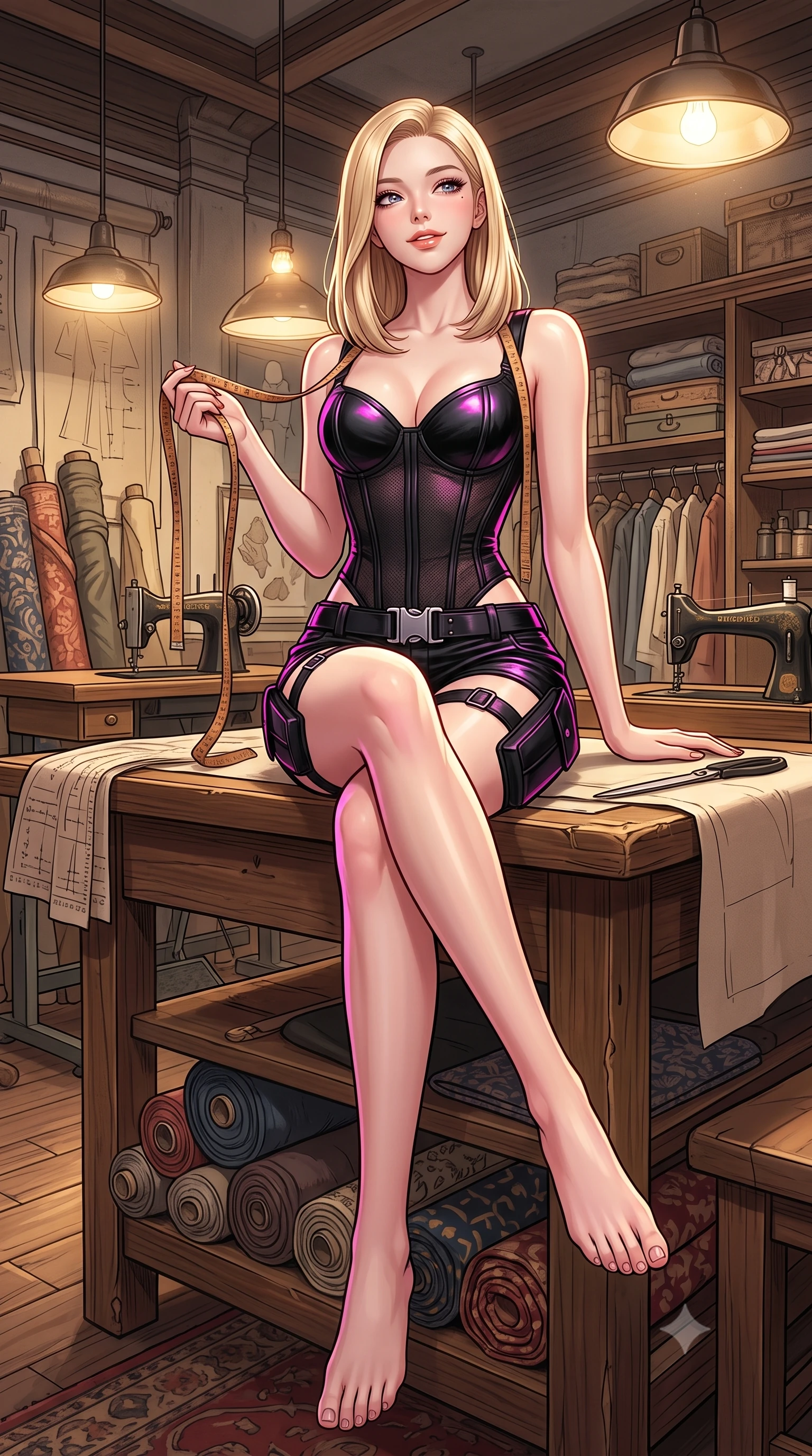 score_9, masterpiece, best quality, ultra-detailed, high-budget anime keyframe, semi-realistic 3D game render, editorial fashion photography, tasteful artistic composition, Korean woman. low angle full-body shot from head to toe showing her feet, filling the entire 9:16 vertical frame with her statuesque presence, stretching her vertical silhouette. sitting poised on the stone steps with one knee bent, arching her spine with supermodel elegance as she glances upward through thick eyelashes while sitting perched on the tailor's cutting table with legs extended, holding a vintage measuring tape with playful seductive cool. The surrounding environment is rendered in vivid detail and crisp panoramic clarity: detailed semi-sheer leotard fabric weave, glistening lip gloss sheen, and historic archive furniture in razor-sharp precision. She has an absolutely perfect, statuesque 8.5-heads proportion, an exceptionally tall and slender model-like female figure with impossibly long slender legs, an ultra-slim waist, a flat toned midriff, narrow delicate ribcage, and beautifully sculpted feminine hips creating a graceful, slim hourglass silhouette without any bulky heaviness. sharp v-shaped jawline, high-bridge nose, sparkling eyes with hypnotic seductive depth, thick curled eyelashes, glossy parted lips with a natural dewy peach sheen, alluring bedroom-eyes with an enchanting coquettish smile, exuding magnetic siren charisma and sophisticated glamour, flawlessly proportioned anatomical accuracy, strict slender model proportions, natural body alignment, perfectly sculpted long slender limbs, ultra-slim waistline, clean dynamic posture without body distortion. wearing a structured boned tactical leatherette corset bodice paired with low-rise cargo hot-pants and thigh holster straps in wet-look onyx black with electric magenta reflections, tailored from fine ribbed modal knit with gentle elastic contouring and soft hand-feel, accented with a quick-release tactical chrome buckle harness resting snugly across her hips, the liquid-tight tailored fabric clinging flawlessly to her narrow waist and rounded feminine hips, emphasizing every millimeter of her sculpted slim hourglass curves without any bulky heaviness. bathed in soft warm incandescent atelier lamps hanging low over work tables. highly saturated vibrant anime colors, detailed shading with soft gradients, rich glossy textures, high-contrast stereoscopic depth, volumetric dynamic lighting, master piece, 9:16 ratio