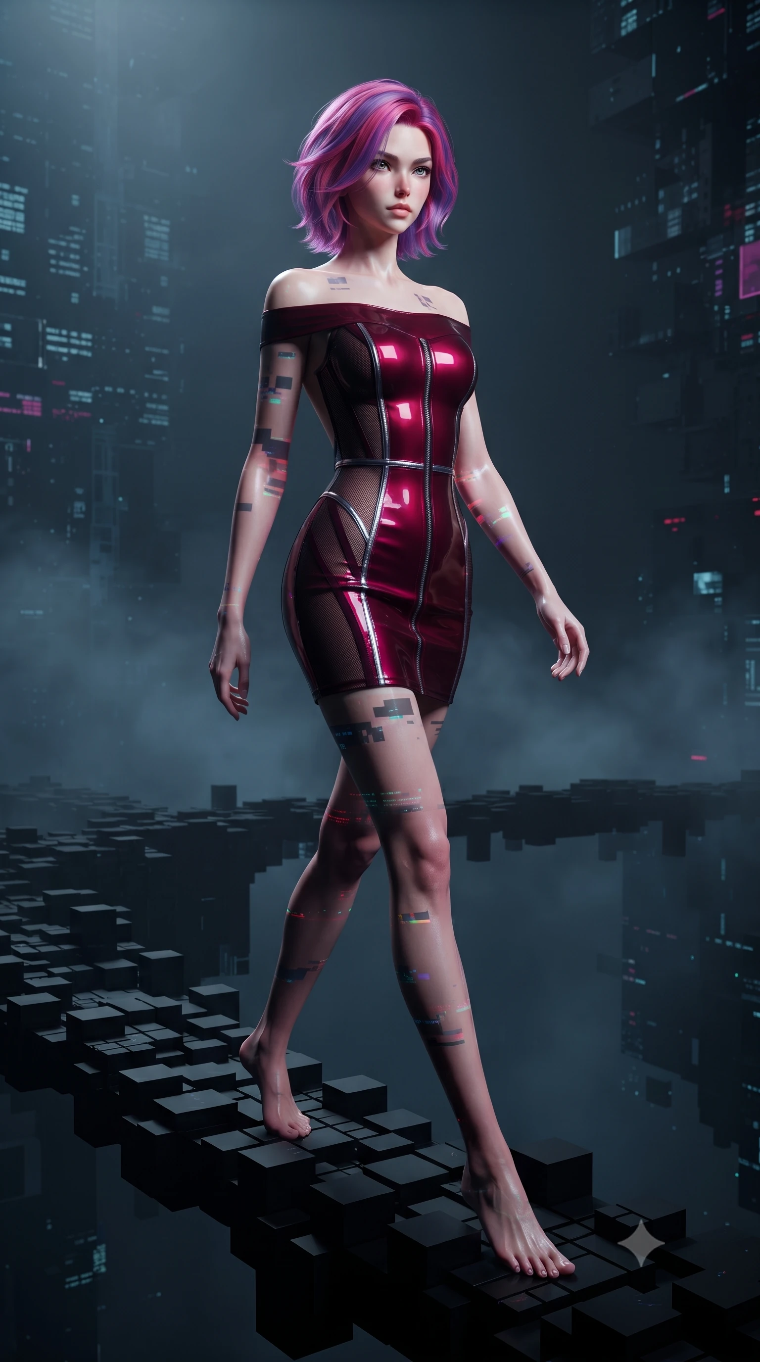 score_9, masterpiece, best quality, ultra-detailed, high-budget anime keyframe, editorial fashion photography, tasteful artistic composition, Caucasian woman. low angle full-body shot from head to toe showing her feet, filling the entire 9:16 vertical frame with her statuesque presence, stretching her vertical silhouette. forging confidently through the dark atmospheric mist, holding a poised statuesque stance, stepping across a floating black voxel walkway over a digital abyss, holographic glitch noise projecting dark geometric patterns on her skin. She has an absolutely perfect, statuesque 8.5-heads proportion, an exceptionally tall and slender model-like female figure with impossibly long slender legs and an ultra-slim waist. sharp v-shaped jawline, high-bridge nose, intricate jewel-like eyes with depth, thick eyelashes, glossy lips with a natural sheen. wearing backless liquid vinyl mini slip dress with bare shoulder neckline in deep crimson burgundy, made of fine dark contouring mesh, finished with metallic silver boning and sleek zipper points, following her slender form with tailored precision. lit by intense digital key light piercing through deep cyber shadows. highly saturated vibrant anime colors, detailed shading with soft gradients, rich glossy textures, high-contrast stereoscopic depth, volumetric dynamic lighting, master piece, 9:16 ratio