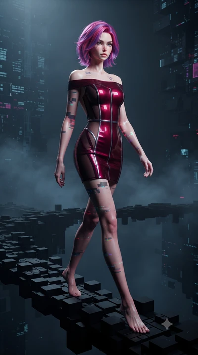 score_9, masterpiece, best quality, ultra-detailed, high-budget anime keyframe, editorial fashion photography, tasteful artistic composition, Caucasian woman. low angle full-body shot from head to toe showing her feet, filling the entire 9:16 vertica