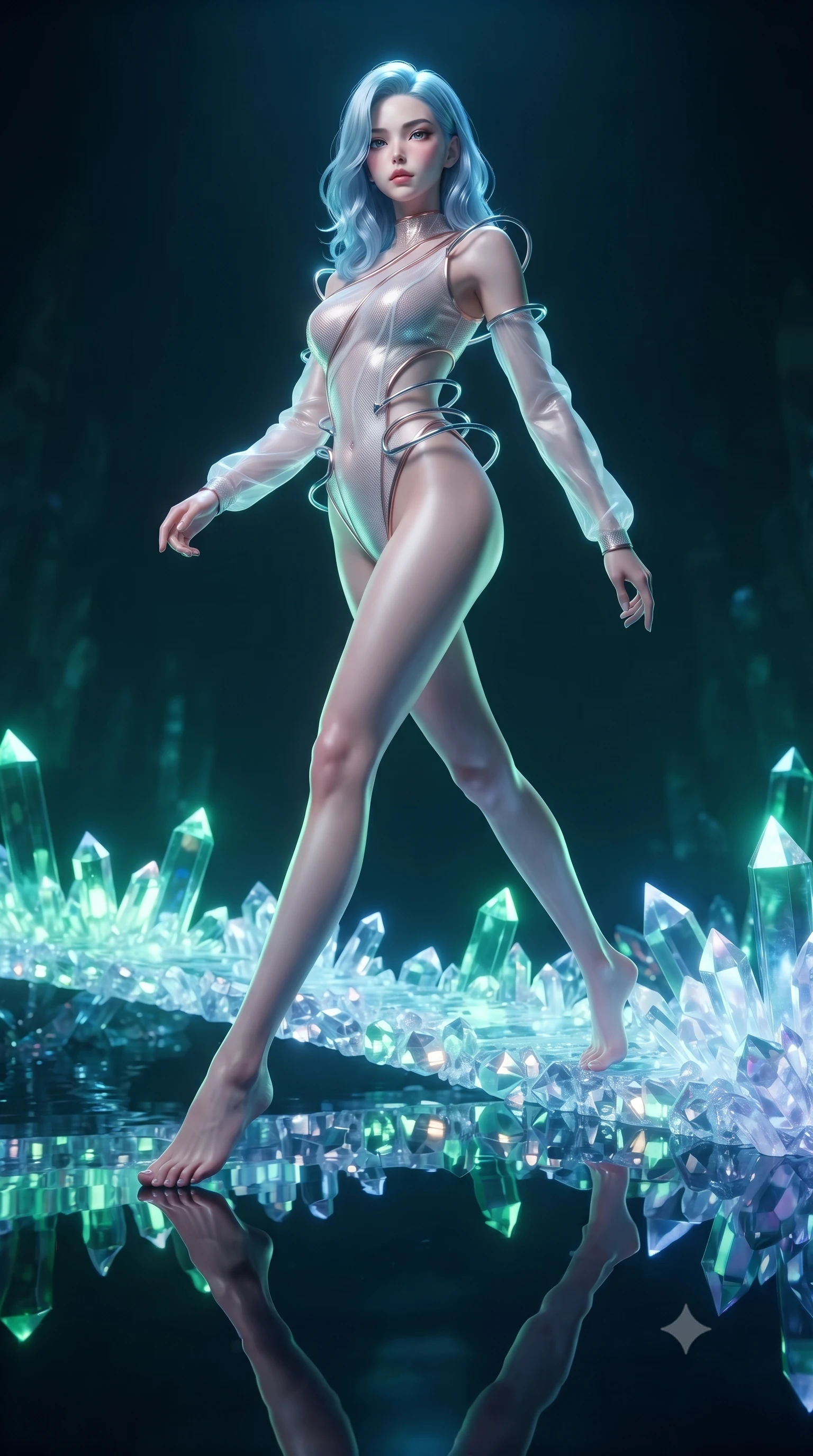 score_9, masterpiece, best quality, ultra-detailed, high-budget anime keyframe, editorial fashion photography, tasteful artistic composition, Korean woman. low angle full-body shot from head to toe showing her feet, filling the entire 9:16 vertical frame with her statuesque presence, stretching her vertical silhouette. forging dynamically through the scene, her vertical silhouette beautifully stretched stepping along a glowing quartz crystal bridge over a subterranean mirror lake, sharp crystalline reflections creating an opulent, jewel-like ambience. She has an absolutely perfect, statuesque 8.5-heads proportion, an exceptionally tall and slender model-like female figure with impossibly long slender legs and an ultra-slim waist. sharp v-shaped jawline, high-bridge nose, intricate jewel-like eyes with depth, thick eyelashes, glossy lips with a natural sheen. wearing an asymmetrical high-cut tech-bodysuit with detached sleeves in pearl white and rose gold, woven from fine semi-opaque sheer organza, accented with delicate chrome ring hardware framing her waist, the sleek second-skin texture accentuating her magnetic presence. surrounded by a cool jewel-toned luminescence with bright specular rim lights. ultra-reflective glossy finish, specular highlights, metallic sheen, high-contrast stereoscopic depth, volumetric dynamic lighting, 2k, ultra detail, master piece, 9:16 ratio