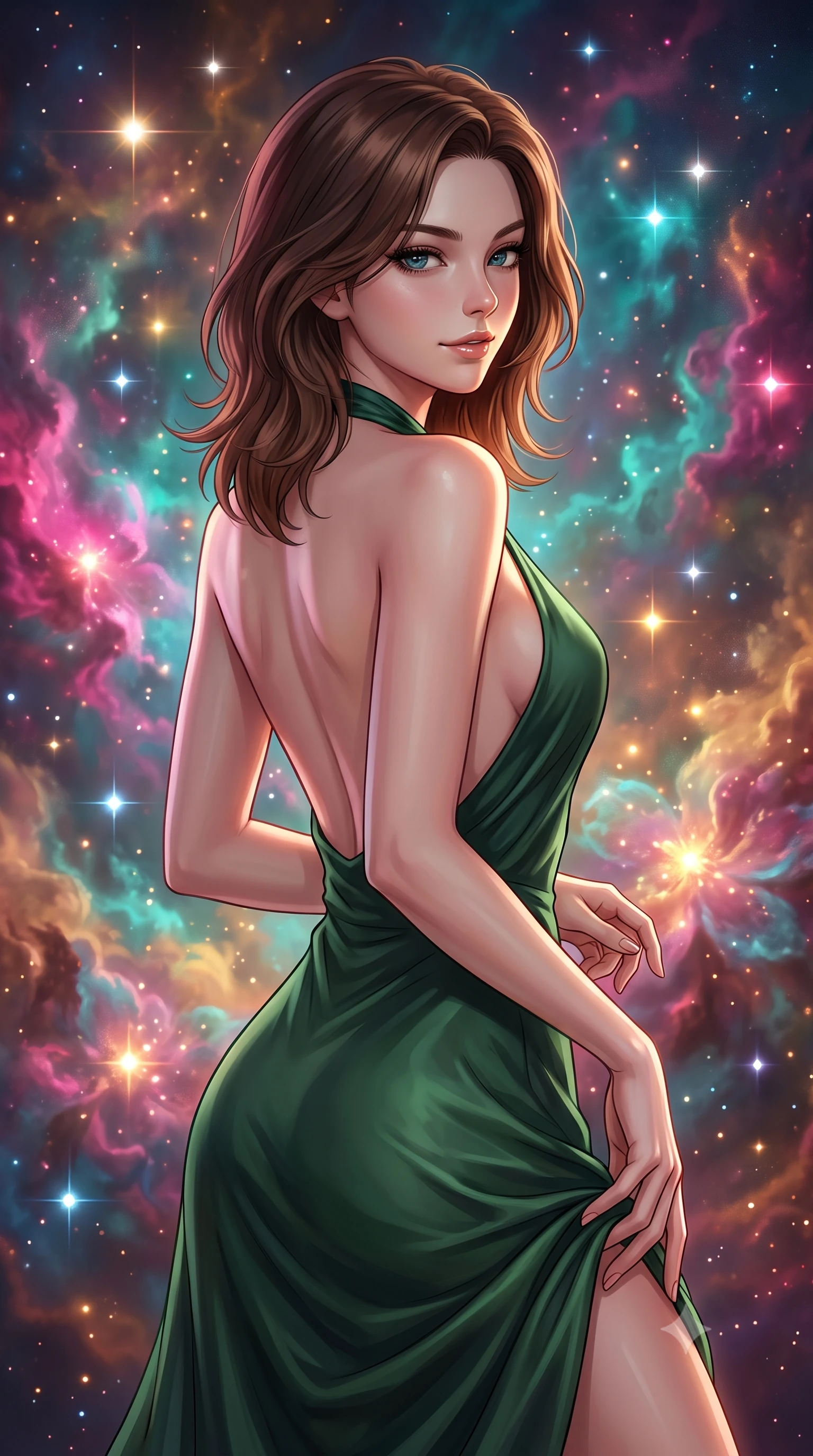 score_9, masterpiece, best quality, ultra-detailed, high-budget anime keyframe, editorial fashion photography, tasteful artistic composition, Korean woman. close-up cowboy shot from the waist and thighs up, the character dominates the composition, filling the frame with her large presence, background elements kept in soft focus. Glancing sidelong over her shoulder with a smoldering half-smile. set against a soft-focus background of a celestial garden where infant stars bloom like luminous flowers inside swirling colorful nebula clouds of magenta cyan and gold each proto-star casting its own warm glow onto petals of cosmic gas. She has an exceptionally elegant and slender, willowy female figure with an ultra-slim waist, a gracefully sculpted slender torso, and a refined slim physique. sharp v-shaped jawline, high-bridge nose, intricate jewel-like eyes with depth, thick eyelashes, glossy lips with a natural sheen. wearing a backless halter-neck silk dress in deep forest green, flowing elegantly along her slender figure. warm multicolored nebula glow in magenta teal and amber emanating from the stellar nursery clouds with bright pinpoint highlights from newborn stars. 2k, ultra detail, master piece, 9:16 ratio