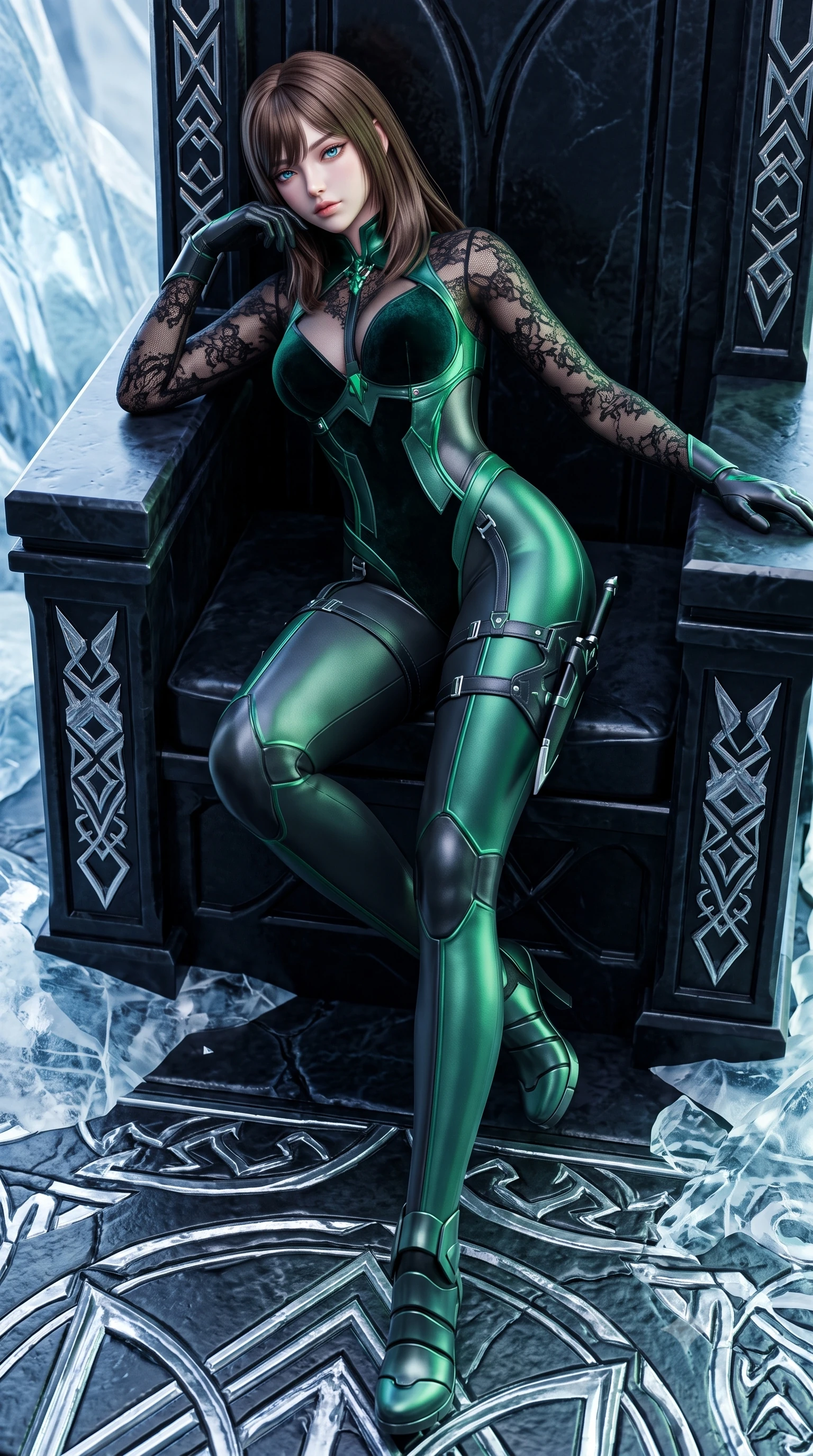 score_9, masterpiece, best quality, ultra-detailed, high-budget anime keyframe, semi-realistic 3D game render, editorial fashion photography, tasteful artistic composition, Korean woman. low angle full-body shot from head to toe showing her feet, filling the entire 9:16 vertical frame with her statuesque presence, stretching her vertical silhouette. striding forward in a proud supermodel runway stride, hips swaying in an alluring kinetic rhythm that accentuates her curvy hourglass silhouette while reclining on a carved obsidian throne propped on one elbow, eyes glowing with supernatural magnetism as she glances past the camera. The surrounding environment is rendered in vivid detail and crisp panoramic clarity. sharp chrome runestone carvings, glacier ice fissure clarity, and titanium armor panel seams in deep focus. She has an absolutely perfect, statuesque 8.5-heads proportion, an exceptionally tall and slender model-like female figure with impossibly long slender legs, a toned flat midriff, an ultra-slim waist, and beautifully sculpted feminine hips. sharp v-shaped jawline, high-bridge nose, intricate jewel-like eyes with depth, thick eyelashes, glossy parted lips with a natural sheen, intensely captivating and seductive bedroom-eyes expression, flawlessly proportioned anatomical accuracy, strict slender model proportions, natural body alignment, perfectly sculpted long slender limbs, ultra-slim waistline, clean dynamic posture without body distortion. wearing an elite valkyrie velvet-and-leather hybrid bodysuit with sheer lace sleeves and dagger sheath garter in stealth obsidian black and electric aurora green, made of compression knit fabric sculpting her athletic hourglass lines, finished with high-mobility flexible armor joints and magnetic gear clasps, the liquid-tight tailored fabric clinging flawlessly to her narrow waist and rounded feminine hips, emphasizing every millimeter of her sculpted hourglass curves during movement. illuminated by crisp metallic specular reflections sharply defining her sculpted waist, bare spine, and curvy hips. highly saturated vibrant anime colors, detailed shading with soft gradients, rich glossy textures, high-contrast stereoscopic depth, volumetric dynamic lighting, master piece, 9:16 ratio
