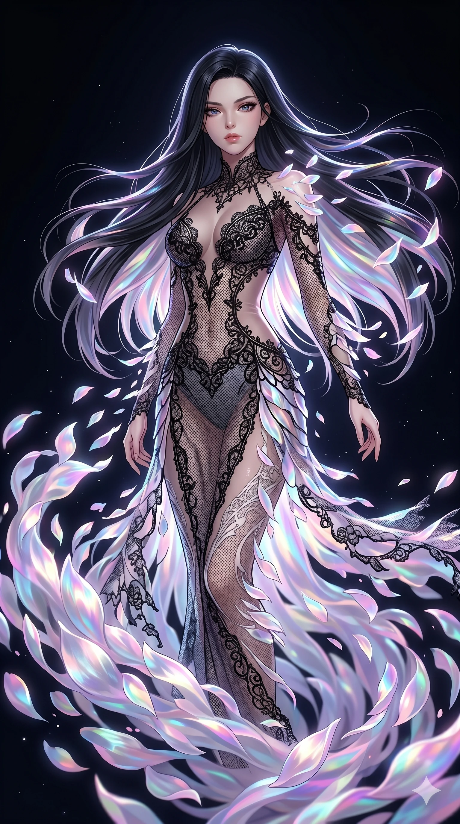 score_9, masterpiece, best quality, ultra-detailed, High-budget Anime Keyframe, East Asian woman. Low angle cowboy shot filling the entire 9:16 frame with her statuesque presence. Scenario 21: Dissolving into a cloud of iridescent silk petals in a void. Her presence is magnetic and overpowering in this high-budget anime scene. Outfit 21: A micro-mesh lace dangerous with a sheer panels and delicate lace embroidery. The clothing is designed to emphasize her exceptionally tall and slender 8-heads proportion. 8-heads proportion, towering silhouette, ultra-slim waist. sharp v-shaped jawline, intricate jewel-like eyes with depth, thick eyelashes, glossy lips. 2k, ultra detail, master piece, 9:16 ratio