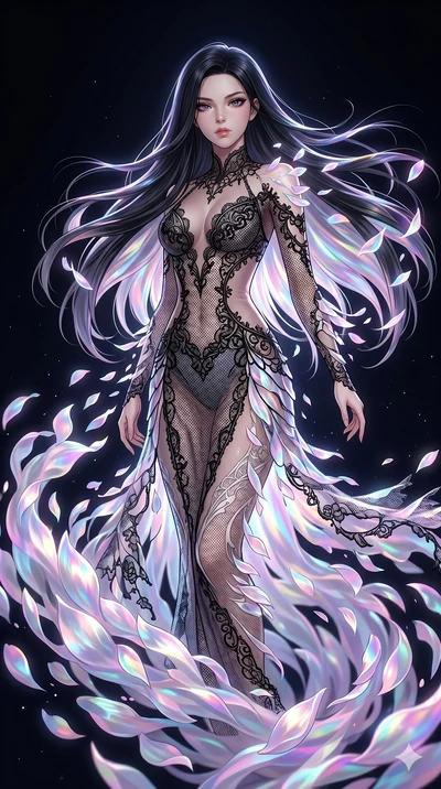 score_9, masterpiece, best quality, ultra-detailed, High-budget Anime Keyframe, East Asian woman. Low angle cowboy shot filling the entire 9:16 frame with her statuesque presence. Scenario 21: Dissolving into a cloud of iridescent silk petals in a vo