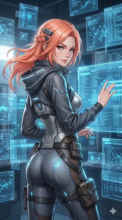 score_9, masterpiece, best quality, ultra-detailed, high-budget anime keyframe, Japanese woman. Upper body close-up from the thighs up, character filling the screen for maximum presence. Standing in a room of floating glass screens showing data, swip