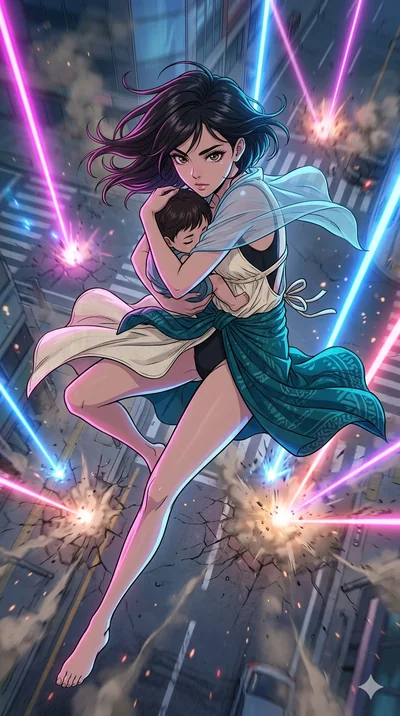 score_9, masterpiece, best quality, ultra-detailed, high-budget anime movie keyframe, cinematic anime lighting, intricate line art, Korean anime girl. Extreme high angle shot as she leaps towards the camera, filling the frame. shielding a small child
