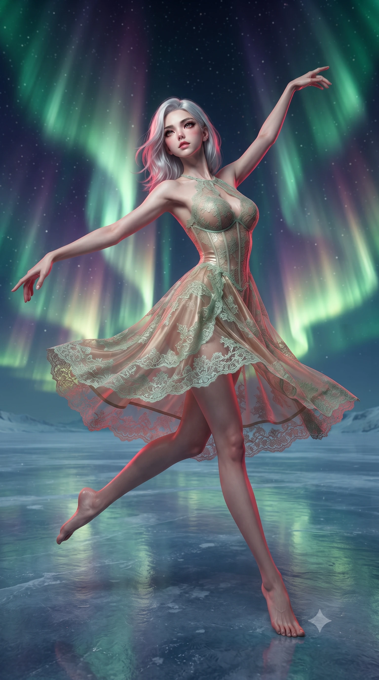 score_9, masterpiece, best quality, ultra-detailed, high-budget anime keyframe, editorial fashion photography, tasteful artistic composition, Korean woman. low angle full-body shot from head to toe showing her feet, filling the entire 9:16 vertical frame with her statuesque presence, stretching her vertical silhouette. dancing with weightless grace through a vast pristine frozen plain stretching to infinity under the most spectacular aurora borealis display with enormous curtains of green purple and gold light dancing and rippling across the entire sky reflected in the ice. She has a statuesque 8.5-heads proportion, an exceptionally tall, slender and willowy model-like build with impossibly long legs and a highly sculpted ultra-slim waist. sharp v-shaped jawline, high-bridge nose, intricate jewel-like eyes with depth, thick eyelashes, glossy lips with a natural sheen. wearing a semi-transparent halter dress in champagne gold, featuring a mint green lace overlay and a visible structured corset. deep crimson theatrical lighting with sharp specular highlights on every curve. 2k, ultra detail, master piece, 9:16 ratio