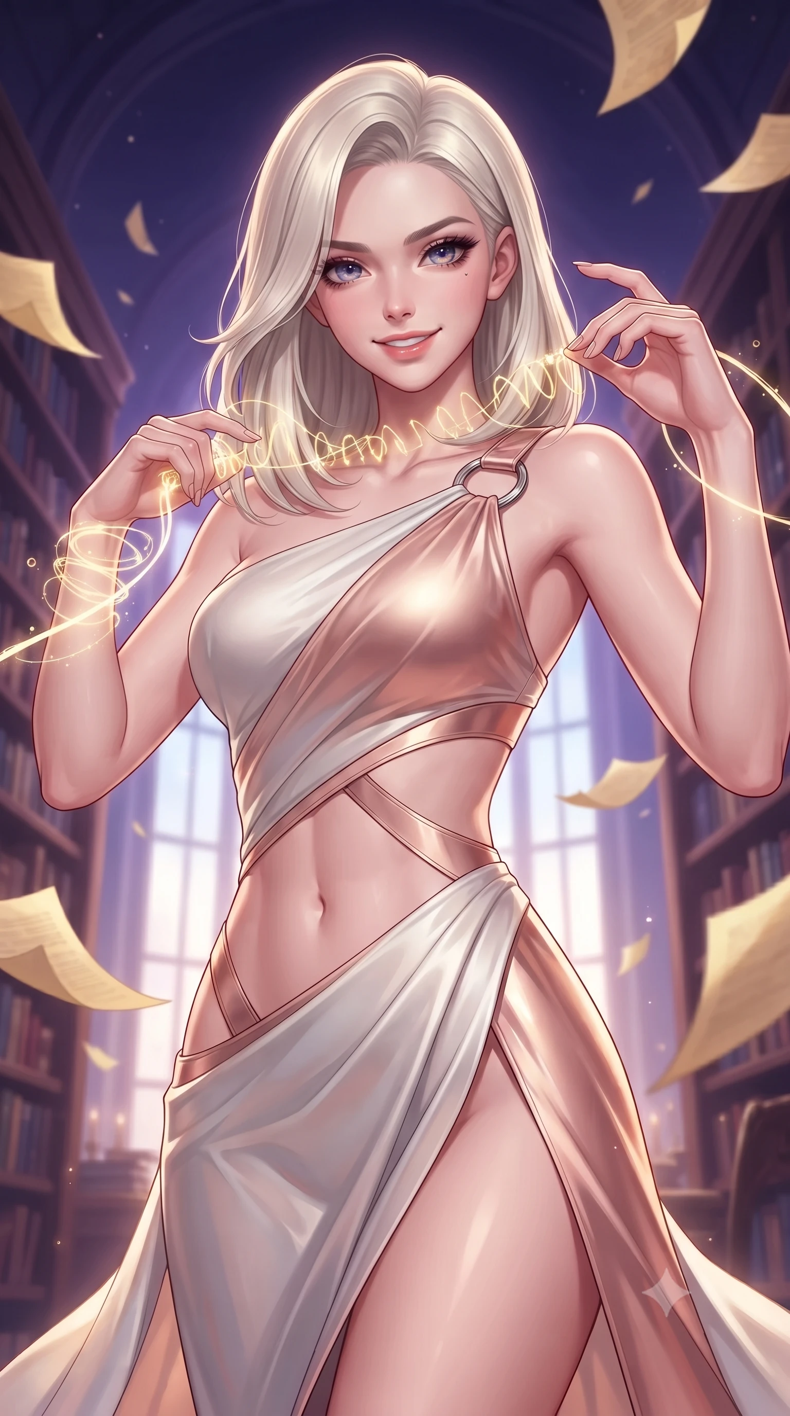 score_9, masterpiece, best quality, ultra-detailed, high-budget anime keyframe, editorial fashion photography, tasteful artistic composition, Caucasian woman. close-up cowboy shot from the waist and thighs up, the character dominates the composition, filling the frame with her large presence, background elements kept in soft focus. Smiling with quiet, magnetic self-assurance directly into the lens threading glowing clockwork spring wires inside a majestic archives hall, golden paper pages fluttering gently around her in a magical breeze. She has an exceptionally elegant, slender, and willowy female figure with an ultra-slim waist, a gracefully sculpted slender torso, and a refined silhouette. sharp v-shaped jawline, high-bridge nose, intricate jewel-like eyes with depth, thick eyelashes, glossy lips with a natural sheen. wearing an asymmetrical Grecian draped chiffon gown with a metallic shoulder ring in pearl white and rose gold, formed from sleek second-skin neoprene, featuring subtle geometric cutouts that highlight her ultra-slim midriff, the form-contouring material highlighting her ultra-slim waist and long lines. lit by a contrast of deep violet sky and radiant golden mechanical light. highly saturated vibrant anime colors, detailed shading with soft gradients, rich glossy textures, high-contrast stereoscopic depth, volumetric dynamic lighting, master piece, 9:16 ratio
