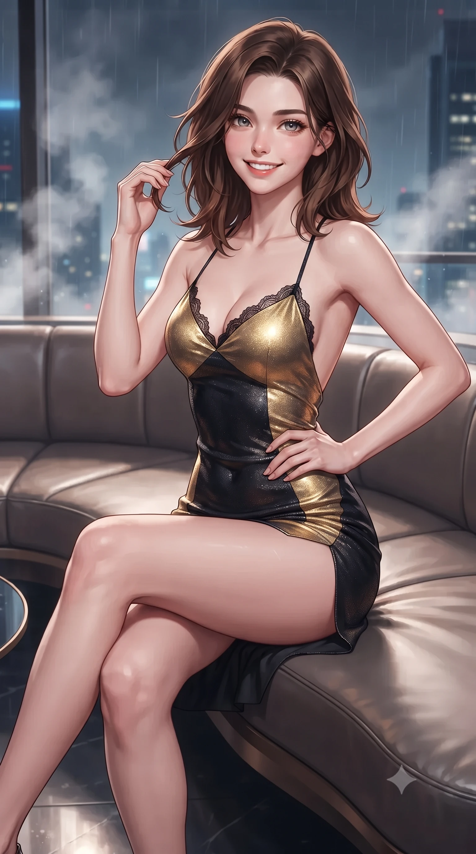 score_9, masterpiece, best quality, ultra-detailed, high-budget anime keyframe, editorial fashion photography, tasteful artistic composition, Korean woman. close-up cowboy shot from the waist and thighs up, the character dominates the composition, filling the frame with her large presence. twisting her slender torso in an alluring contrapposto stance, one hand resting on her sculpted hip while her fingers toy with her hair with effortless poise while sitting gracefully on the futuristic curved leather banquette with legs crossed, her statuesque 8.5-heads silhouette commanding the skyline. The background shows a soft-focus wisps of rooftop exhaust steam softened in ultra-luxury cyberpunk penthouse shallow focus. She has an exceptionally elegant, slender, and willowy female figure with an ultra-slim waist, flat toned midriff, narrow ribcage, and sculpted feminine hips creating an alluring, slim hourglass silhouette without bulk. sharp v-shaped jawline, high-bridge nose, intricate jewel-like sparkling eyes with depth, thick eyelashes, glossy parted lips with a natural peach sheen, bright cheerful beaming smile with an enchanting and coquettish sensual glint, exuding both youthful cute charm and seductive allure, flawlessly proportioned anatomical accuracy, strict slender model proportions, natural body alignment, perfectly sculpted long slender limbs, ultra-slim waistline, clean dynamic posture without body distortion. wearing a backless liquid foil mini dress with criss-cross spinal straps and daring side slit in singularity accretion gold and deep space void black, tailored from high-density tech-wool with subtle metallic thread weave, finished with scalloped eyelash lace trim framing her sweetheart neckline with intimate elegance, the precision-cut side openings and low-back scoop framing her graceful spine and the sensual sweep of her slim, toned hips. illuminated by rain-slicked deck bounce and sharp cobalt-blue rim lights sculpting her jawline, narrow waist, and curvy hips. ultra-reflective glossy finish, specular highlights, rich textural contrasts, high-contrast stereoscopic depth, volumetric dynamic lighting, 2k, ultra detail, master piece, 9:16 ratio