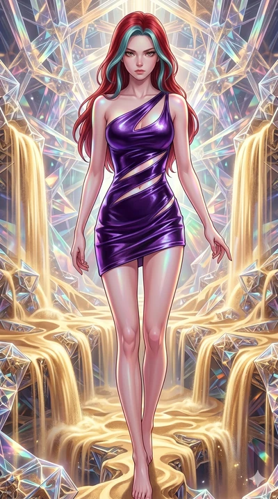 score_9, masterpiece, best quality, ultra-detailed, high-budget anime keyframe, Caucasian woman, strictly human ears. upper body close-up from the thighs up, character filling the screen for maximum presence. descending through a fractal quicksand te